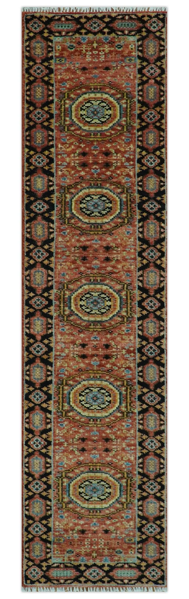 Hand Knotted Traditional Kazak Medallion Rust and Black Multi Size wool Area Rug - Image 12
