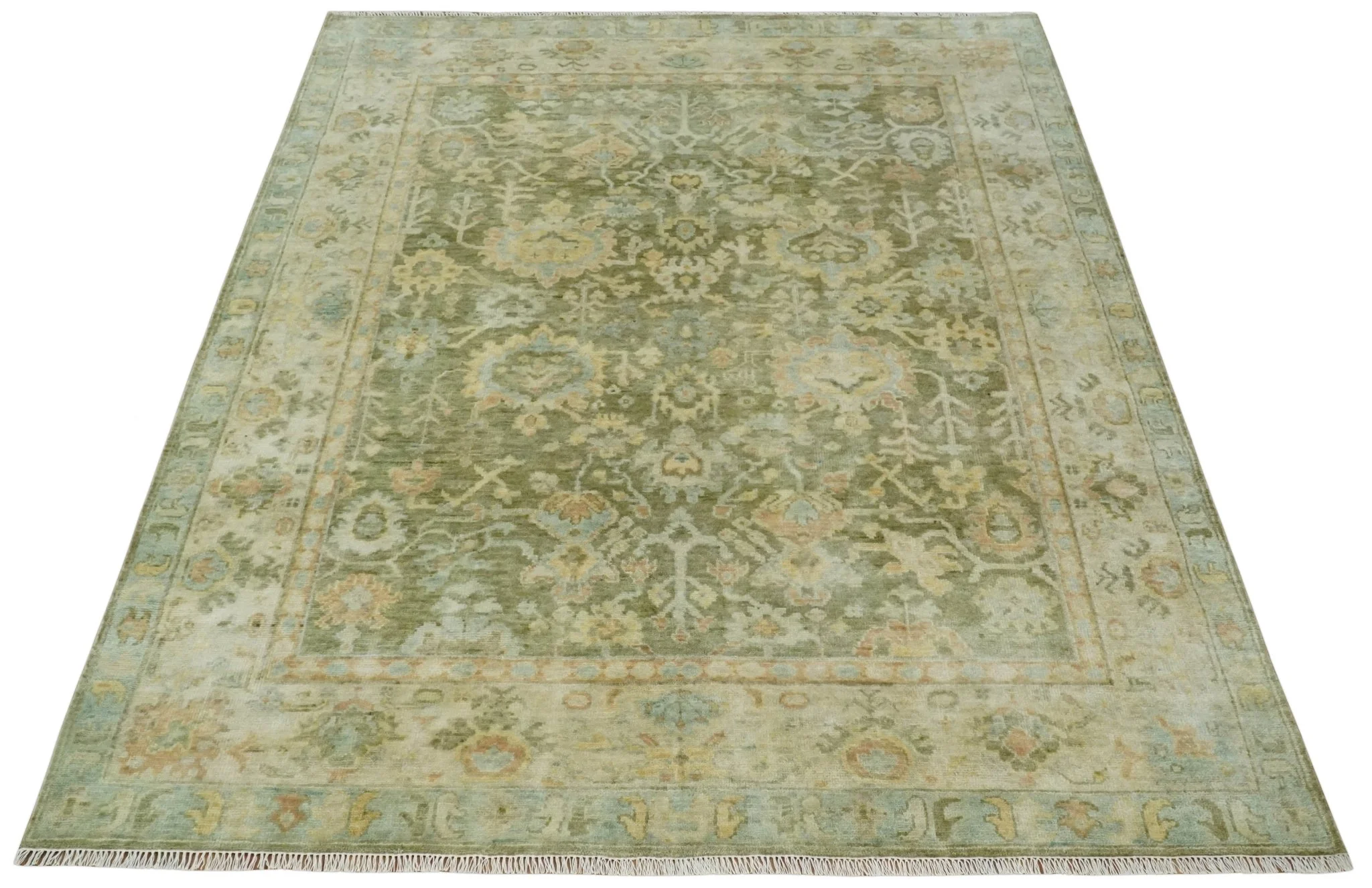 Custom Made Hand Knotted Antique Finish Green, Aqua and Beige Traditional Wool Rug - Image 10