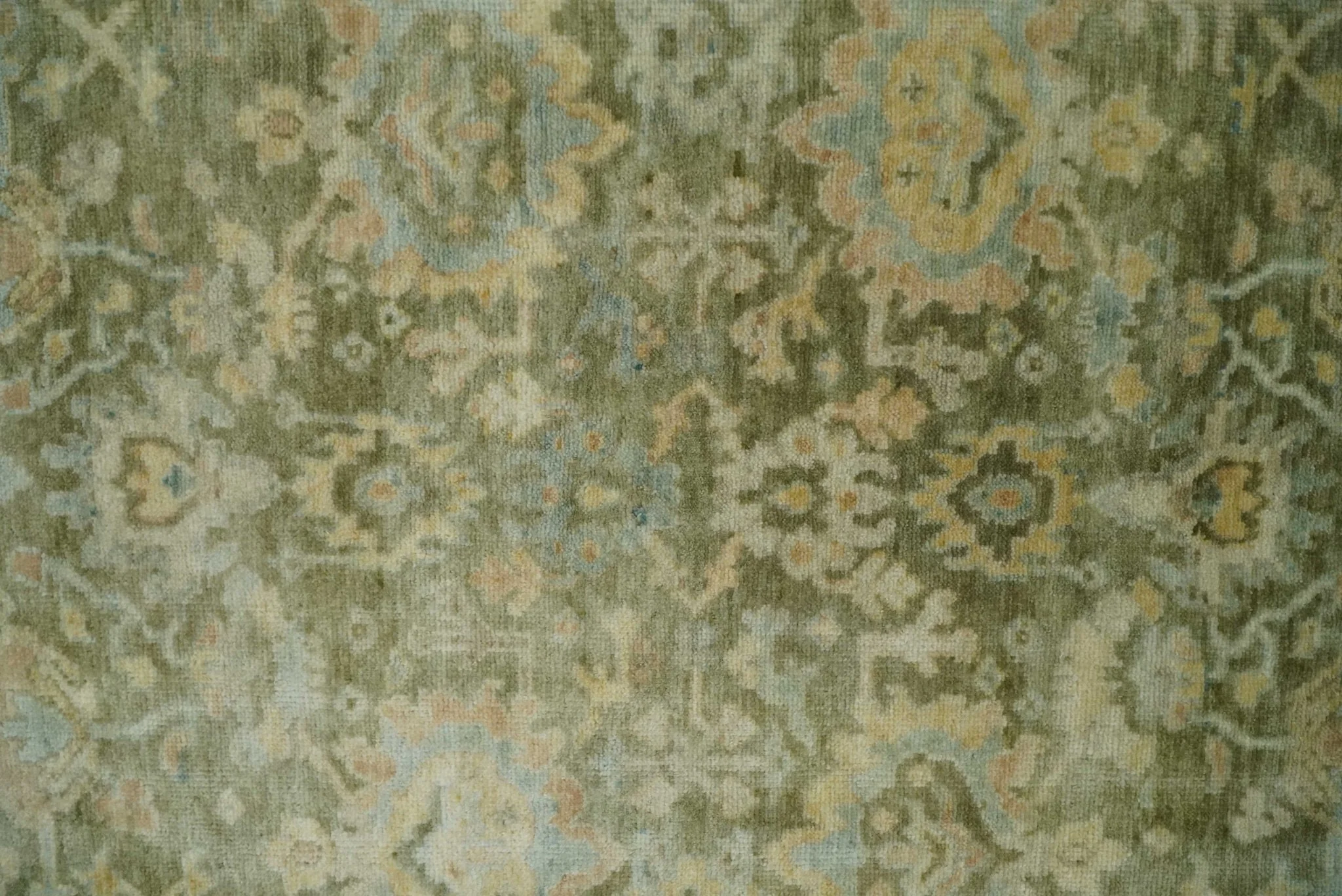 Custom Made Hand Knotted Antique Finish Green, Aqua and Beige Traditional Wool Rug - Image 2