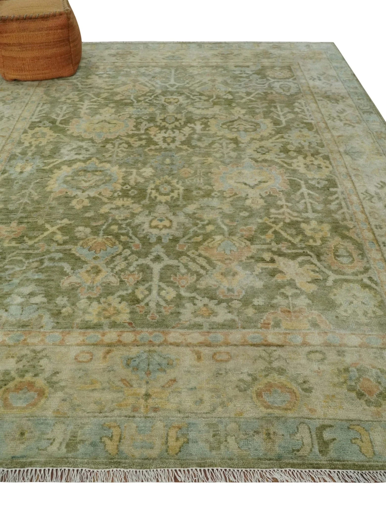 Custom Made Hand Knotted Antique Finish Green, Aqua and Beige Traditional Wool Rug - Image 3