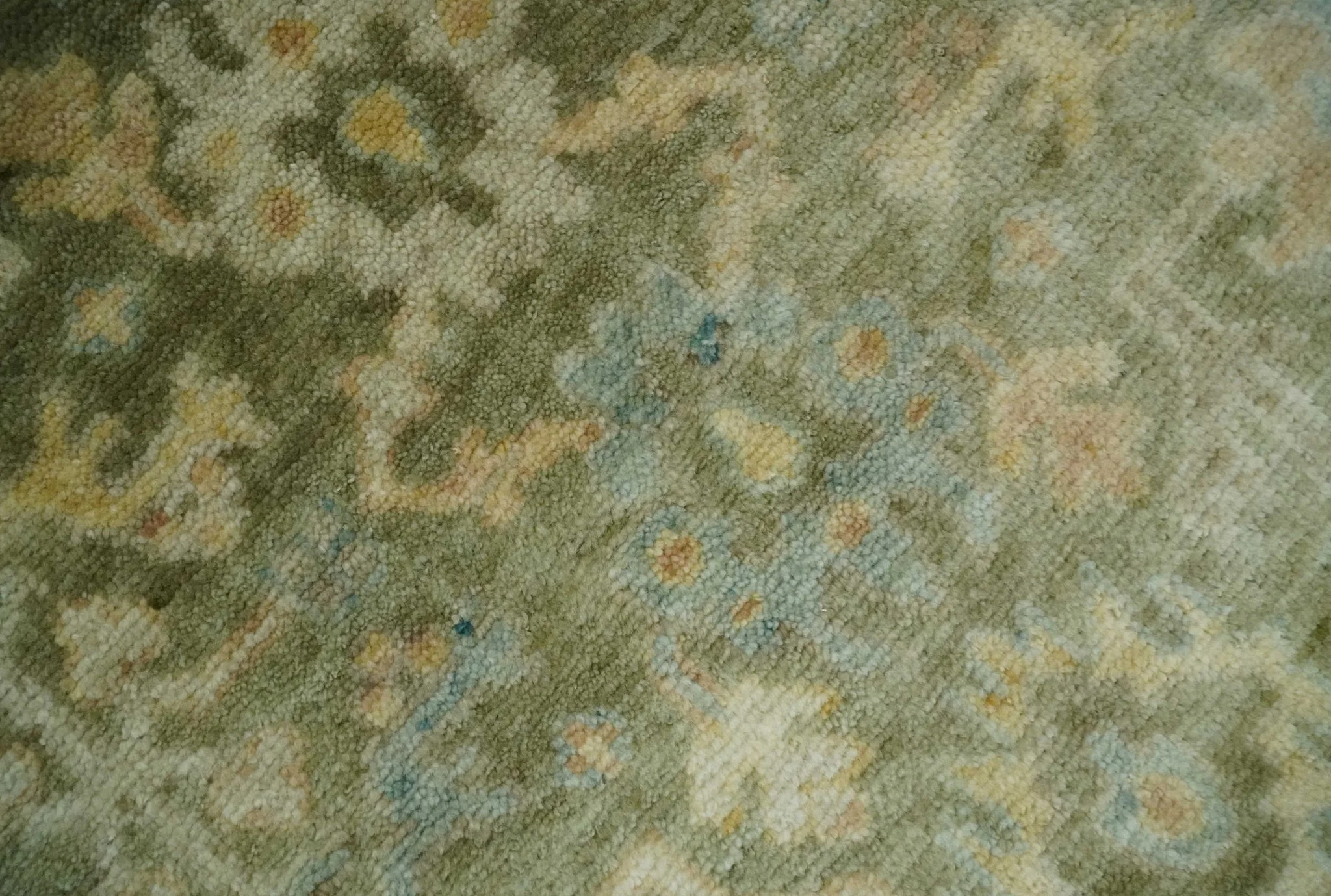 Custom Made Hand Knotted Antique Finish Green, Aqua and Beige Traditional Wool Rug - Image 4