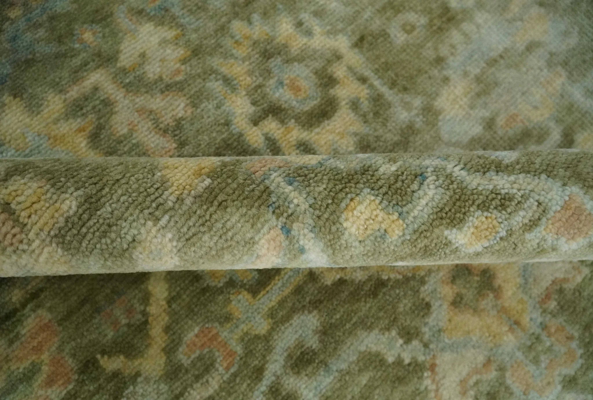 Custom Made Hand Knotted Antique Finish Green, Aqua and Beige Traditional Wool Rug - Image 8