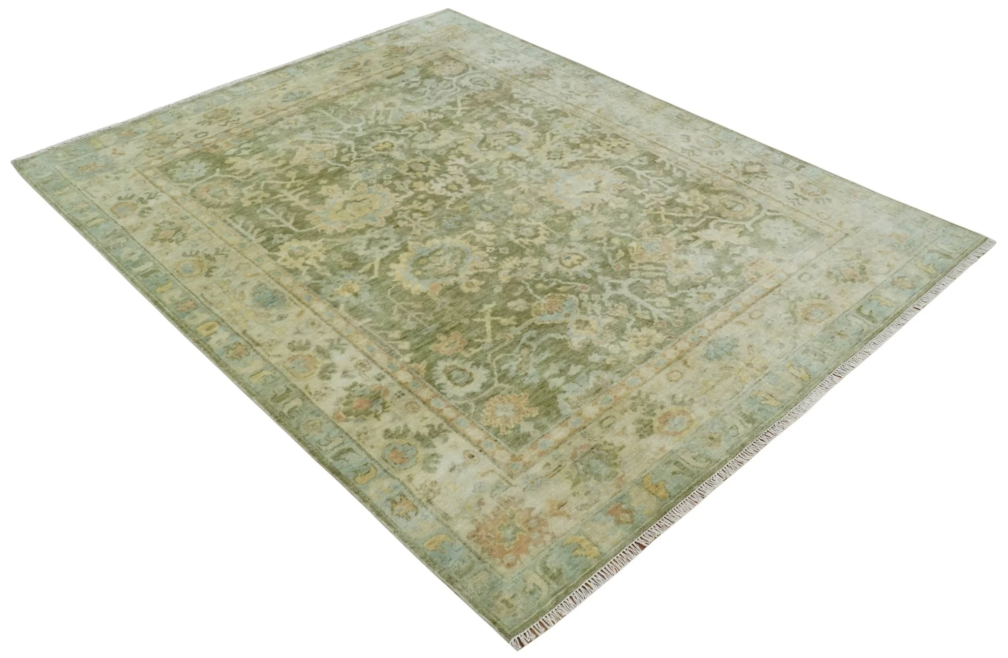 Custom Made Hand Knotted Antique Finish Green, Aqua and Beige Traditional Wool Rug - Image 9