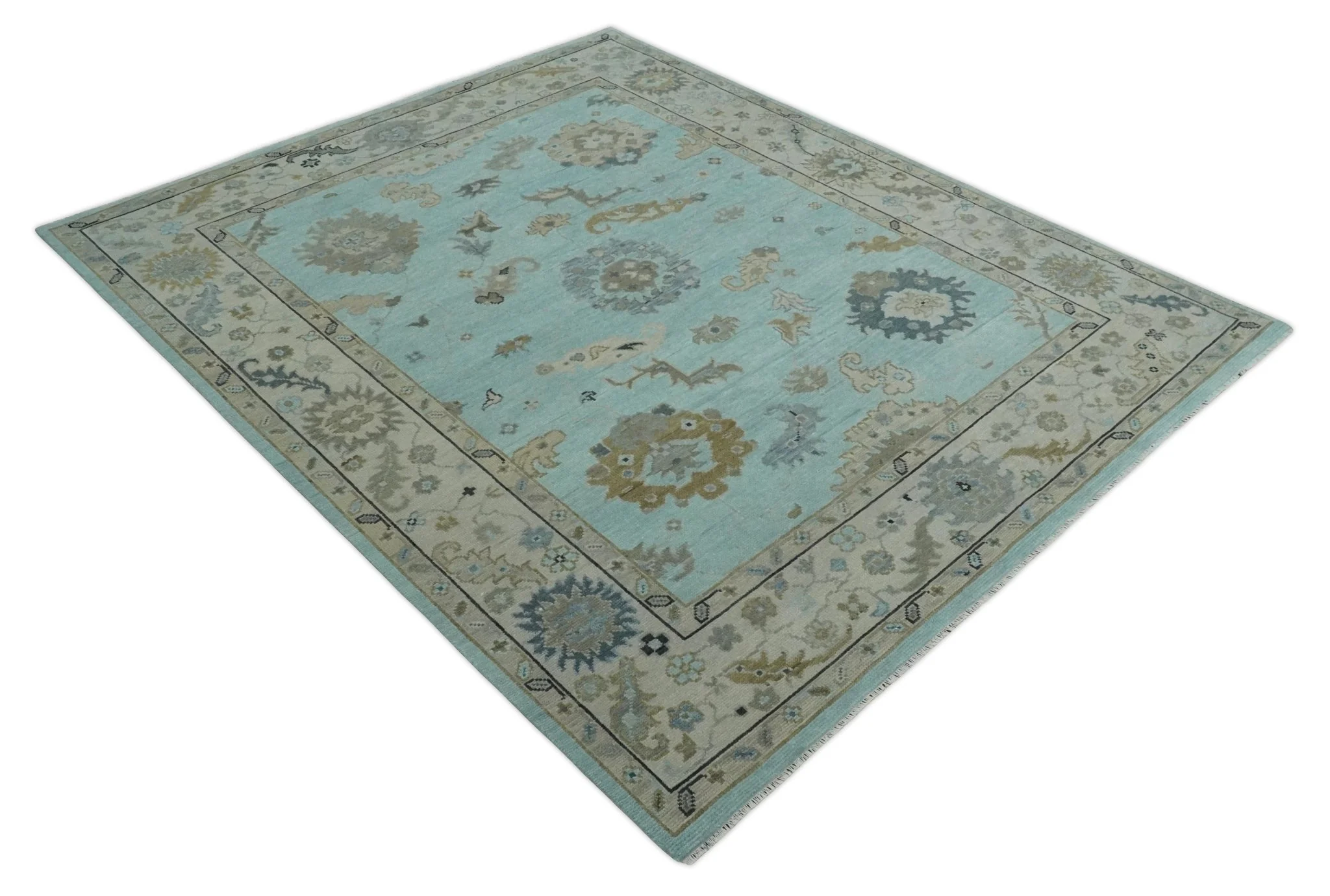 Hand Knotted Aqua, Beige and Ivory Traditional Oushak Wool Rug - Image 10