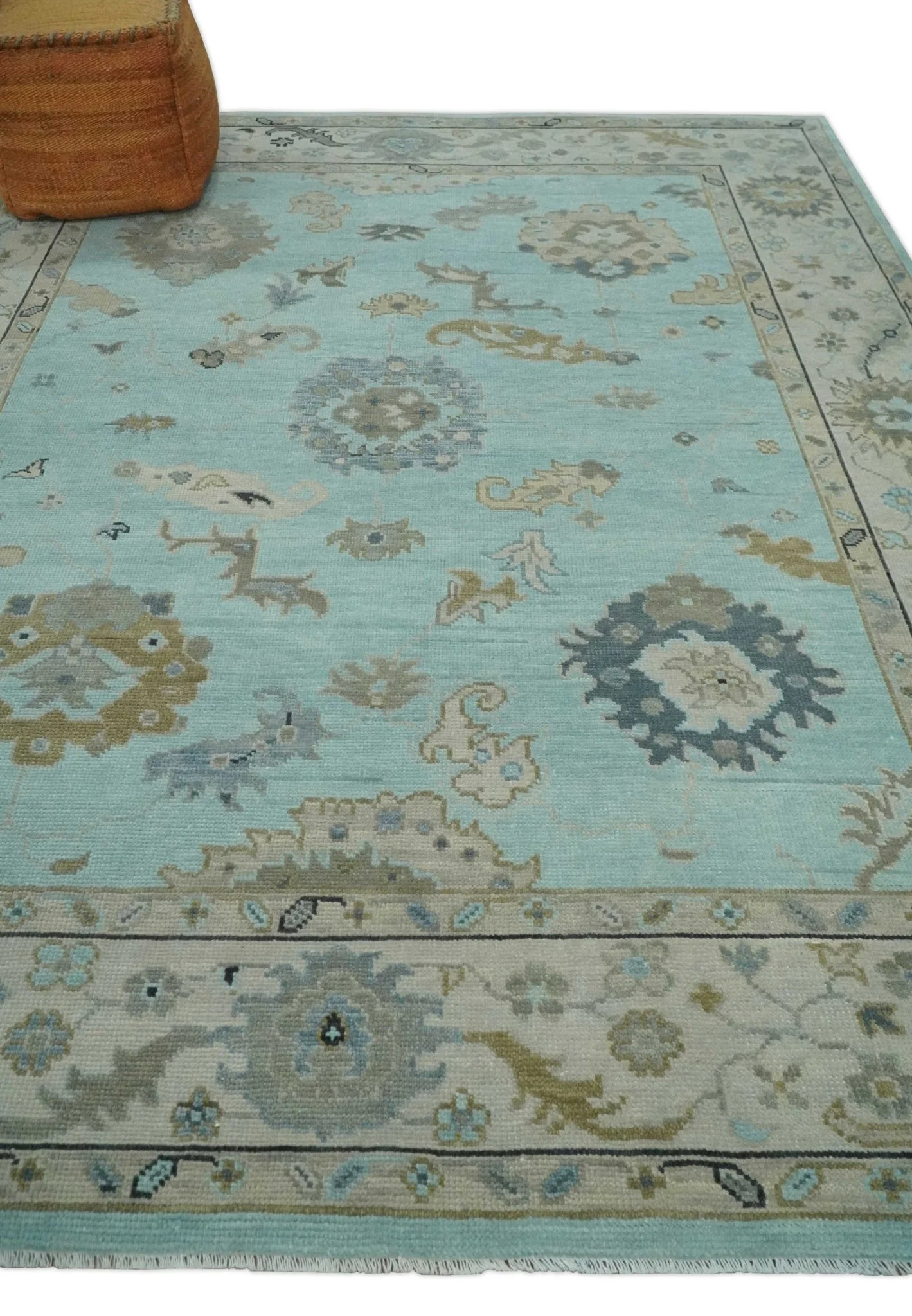 Hand Knotted Aqua, Beige and Ivory Traditional Oushak Wool Rug - Image 2