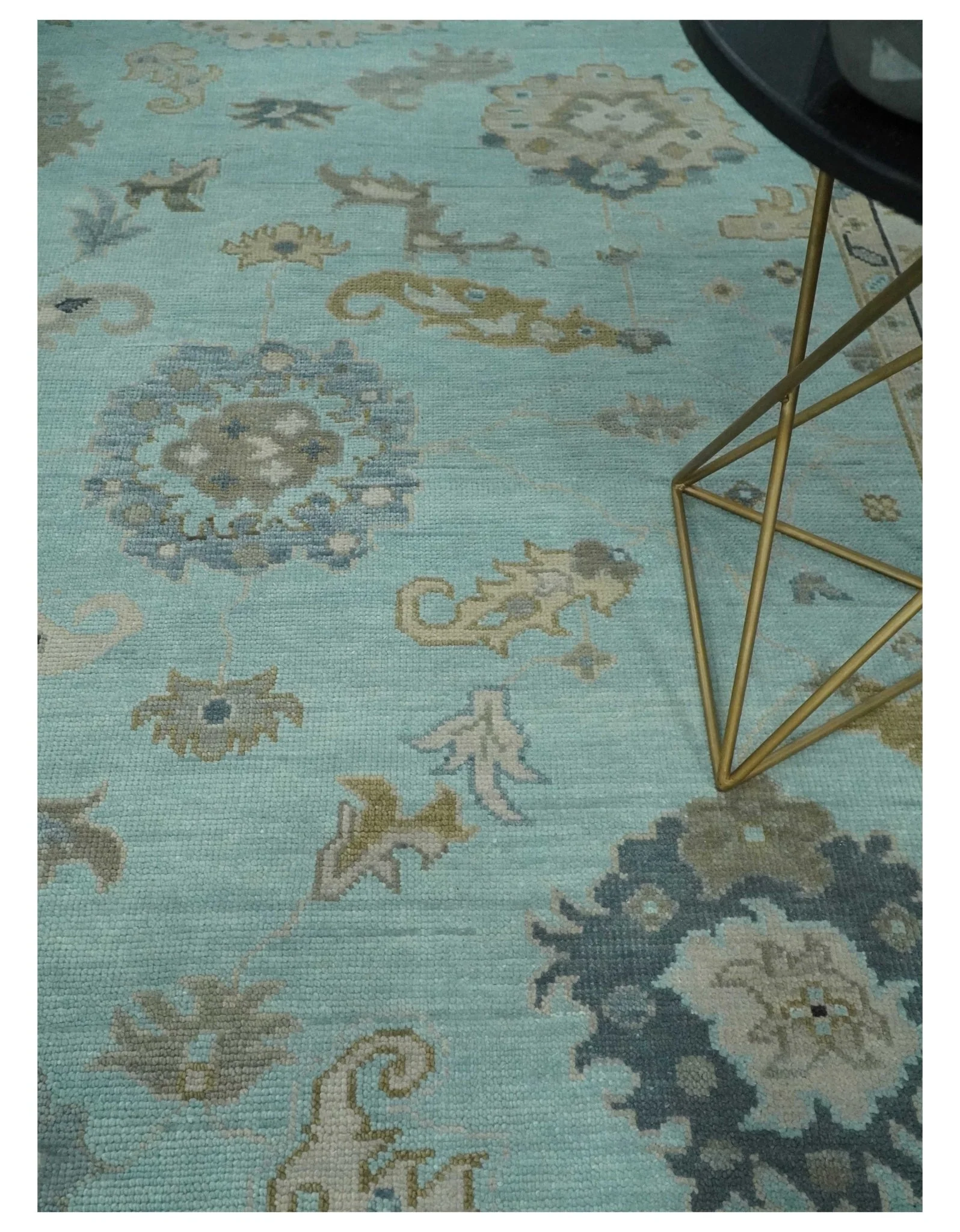 Hand Knotted Aqua, Beige and Ivory Traditional Oushak Wool Rug - Image 3
