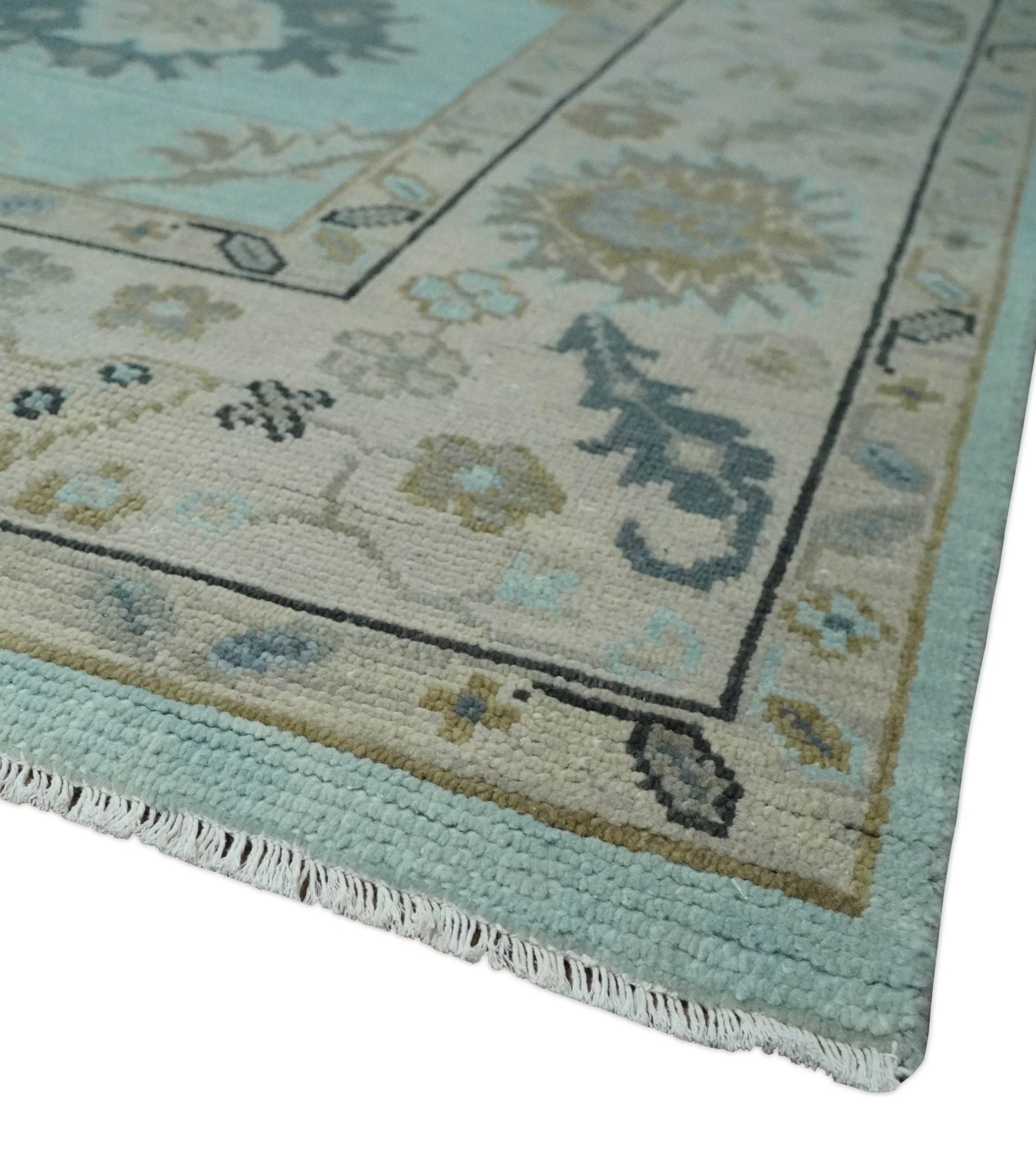 Hand Knotted Aqua, Beige and Ivory Traditional Oushak Wool Rug - Image 5