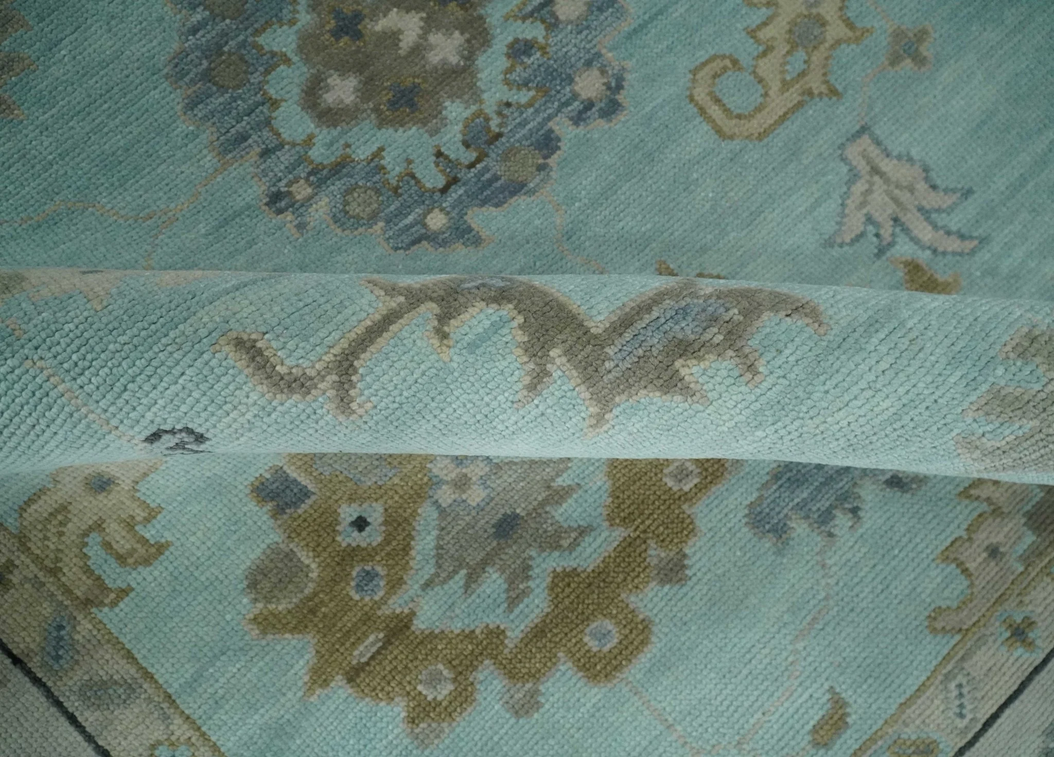 Hand Knotted Aqua, Beige and Ivory Traditional Oushak Wool Rug - Image 6