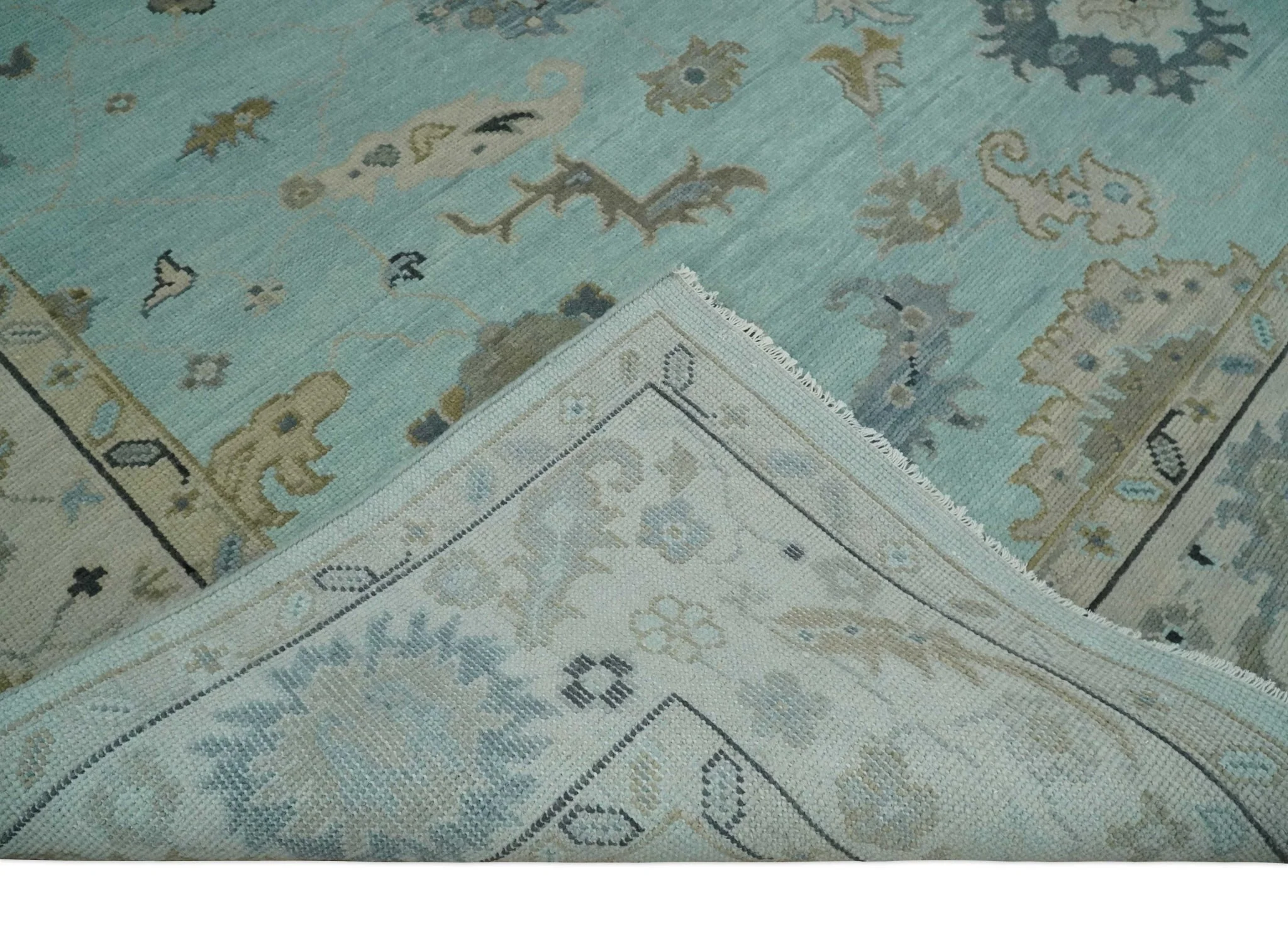 Hand Knotted Aqua, Beige and Ivory Traditional Oushak Wool Rug - Image 7
