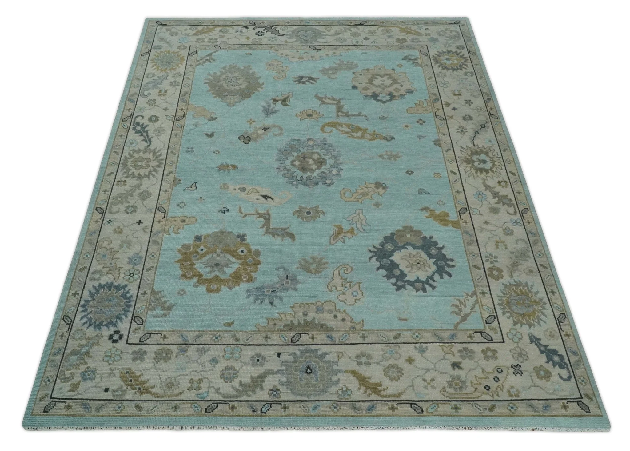 Hand Knotted Aqua, Beige and Ivory Traditional Oushak Wool Rug - Image 9