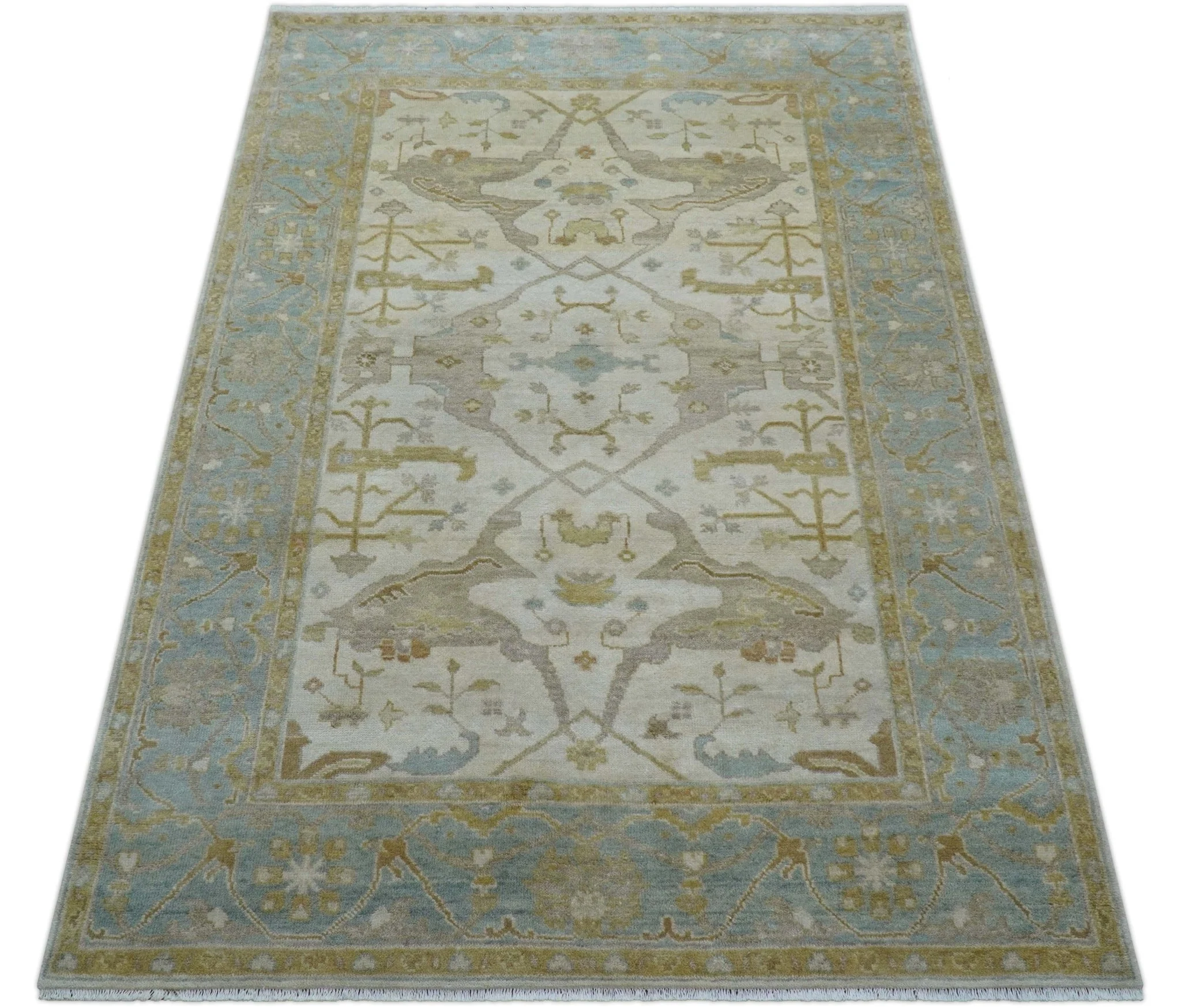 Hand Knotted Beige And Blue Traditional Oushak Design 6x9 Wool Rug - Image 10