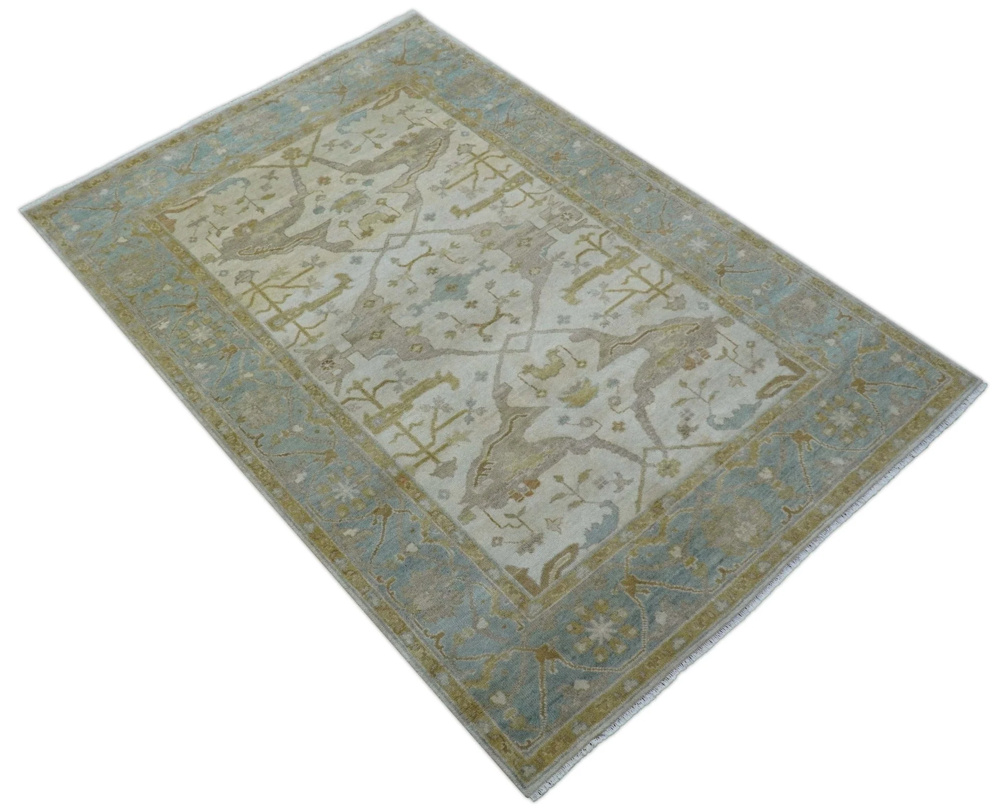 Hand Knotted Beige And Blue Traditional Oushak Design 6x9 Wool Rug - Image 11