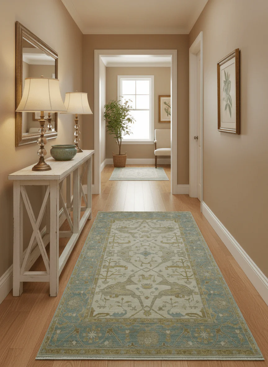 Hand Knotted Beige And Blue Traditional Oushak Design 6x9 Wool Rug - Image 2