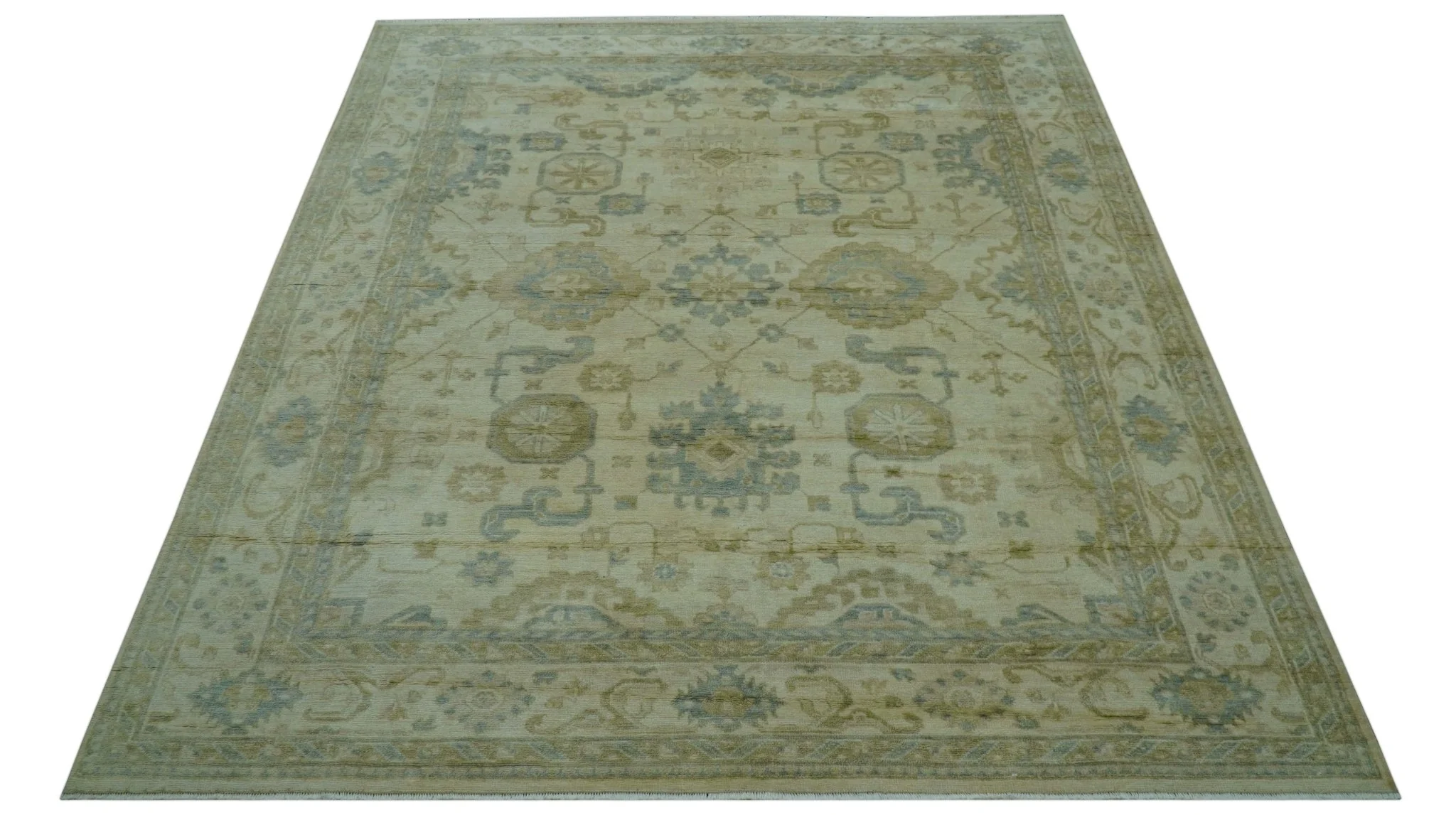 Hand Knotted Ivory And Blue Traditional Oushak Design 8x10 Wool Area Rug - Image 11