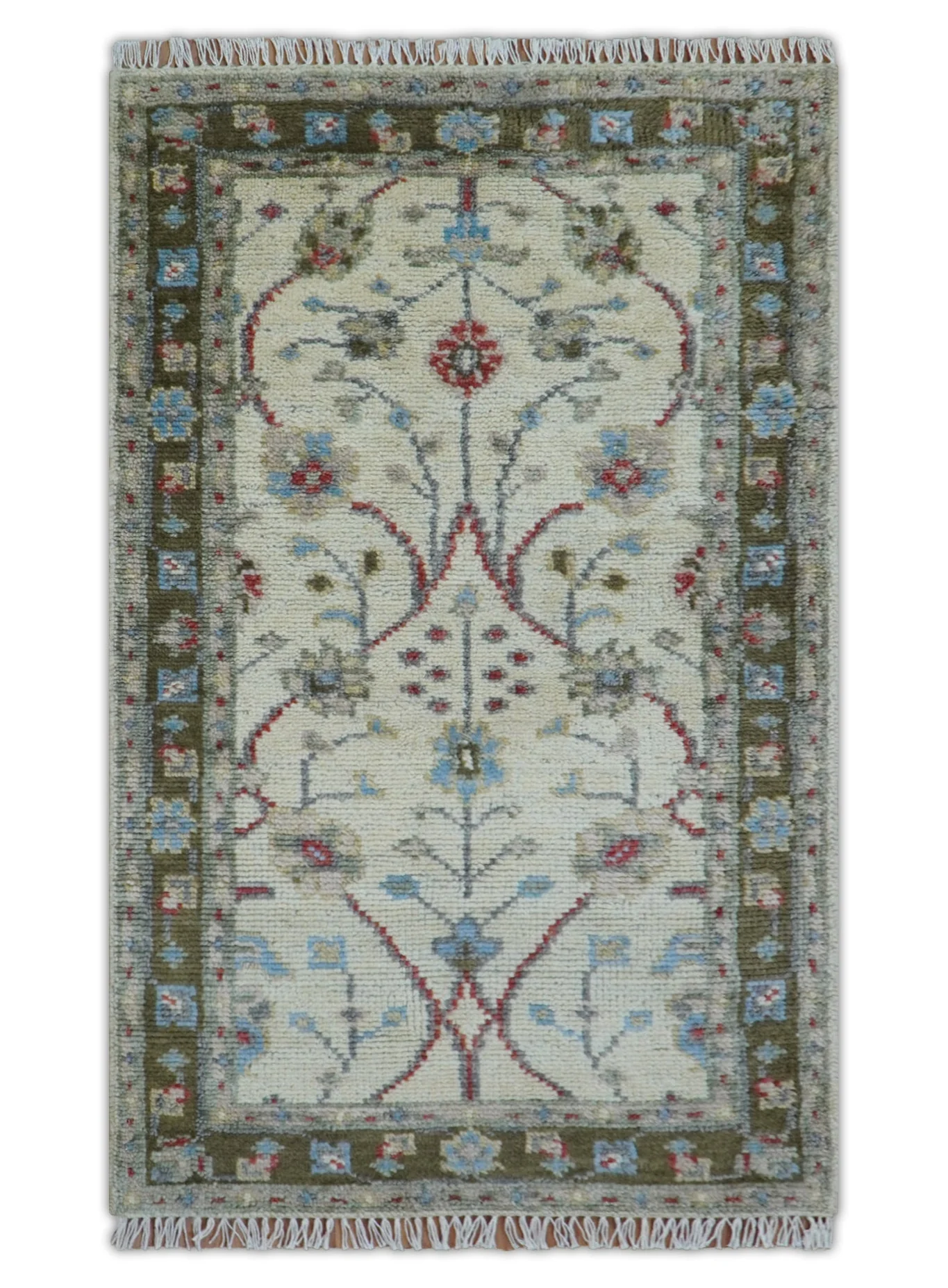 3x5 Hand knotted Beige And Blue Traditional Design Wool Area Rug - Image 2