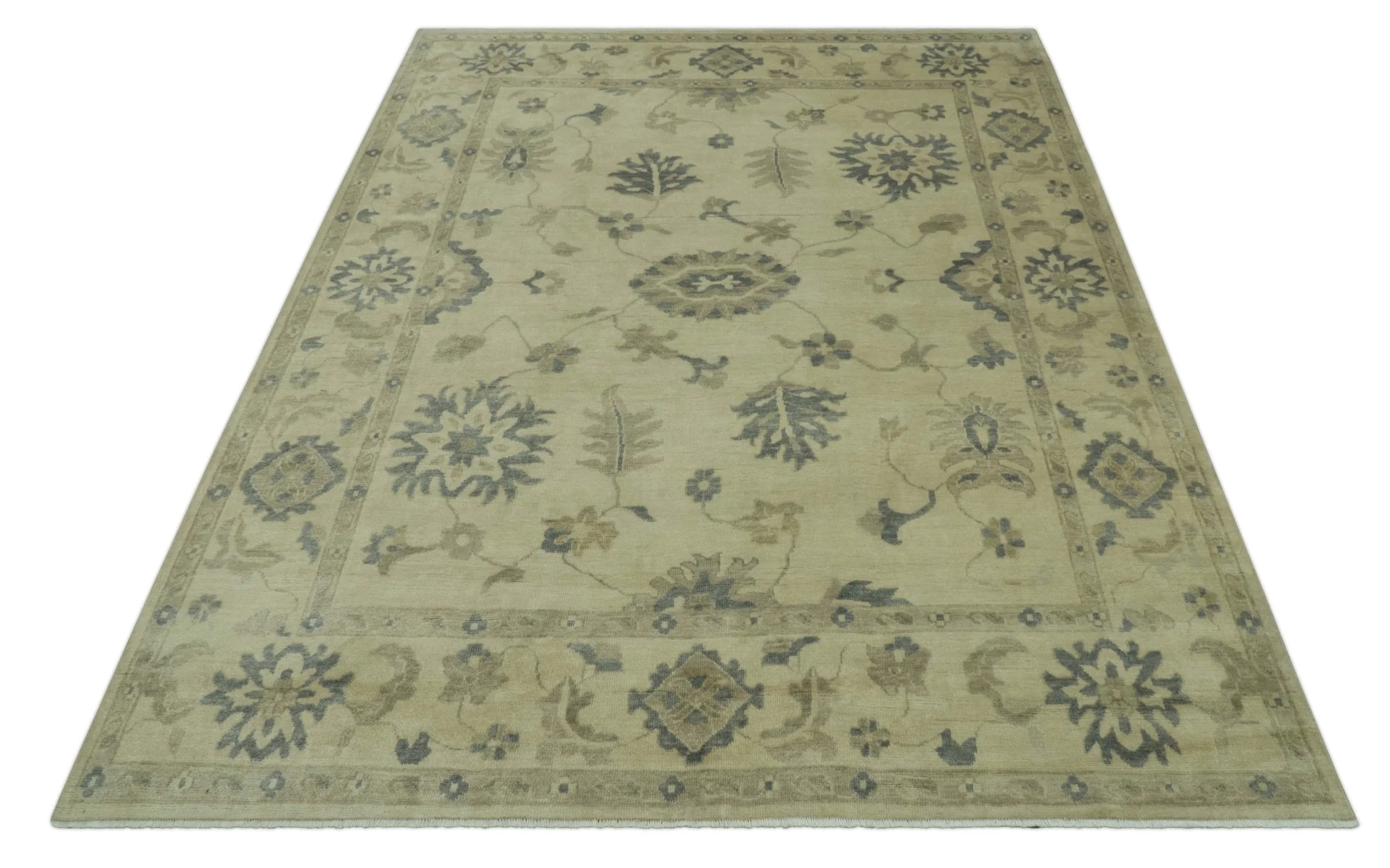 Hand Knotted Beige And Blue Traditional Oushak Design 9x11 Wool Area Rug - Image 10