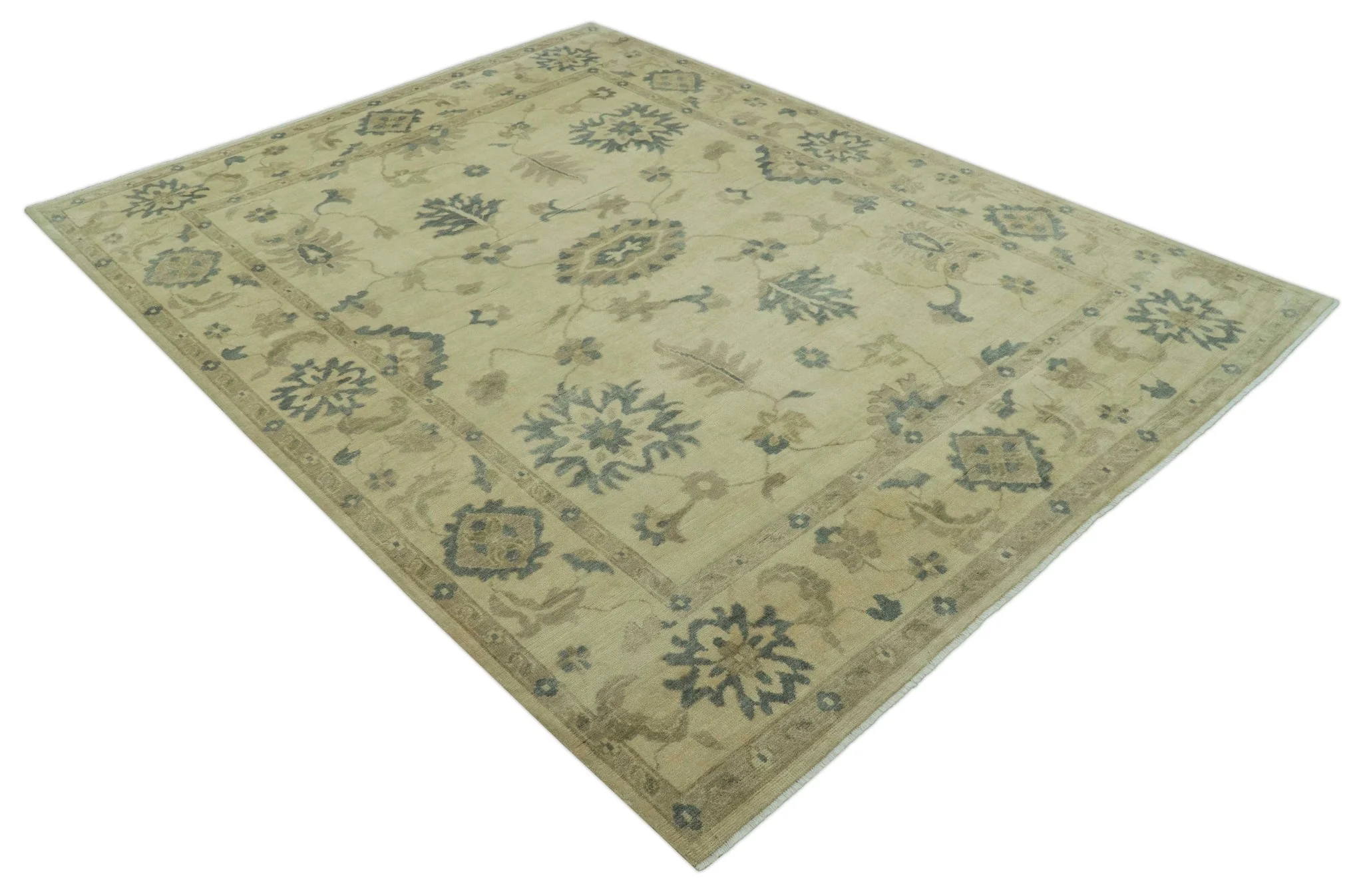 Hand Knotted Beige And Blue Traditional Oushak Design 9x11 Wool Area Rug - Image 11