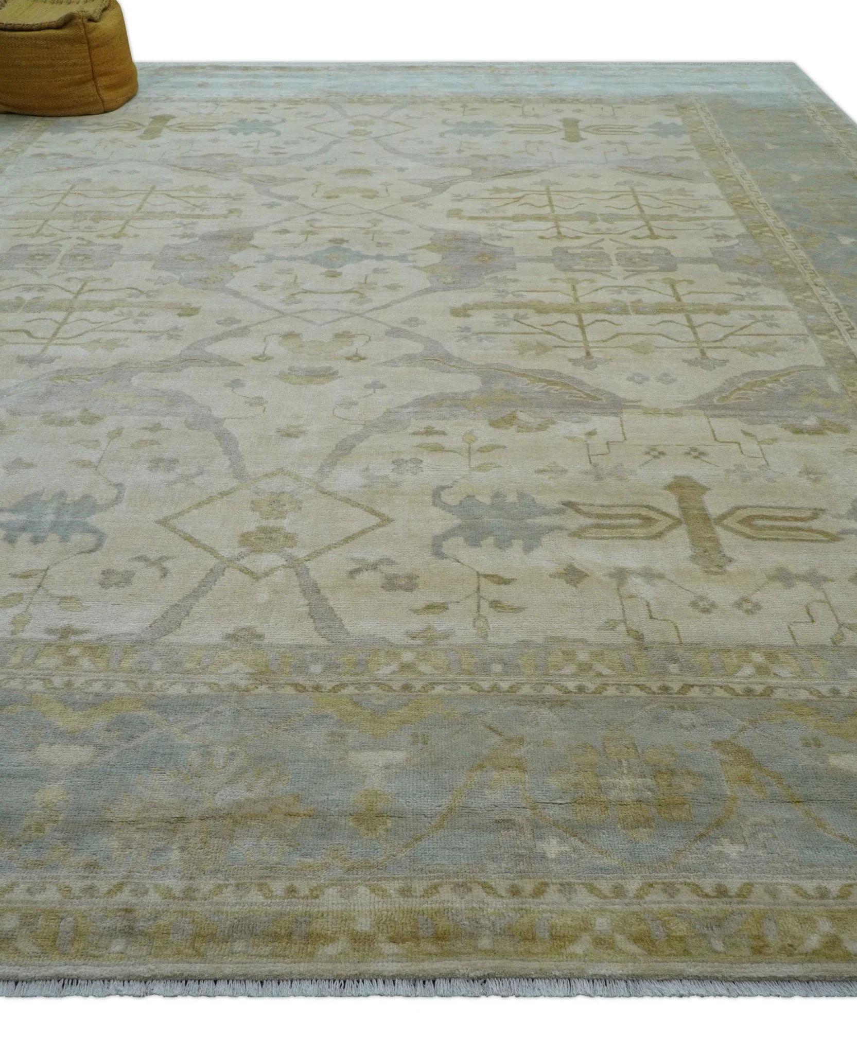 Hand Knotted Beige And Blue Traditional Oushak Design 12x15 Wool Rug - Image 10