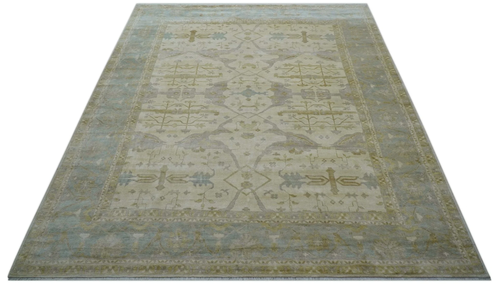Hand Knotted Beige And Blue Traditional Oushak Design 12x15 Wool Rug - Image 2