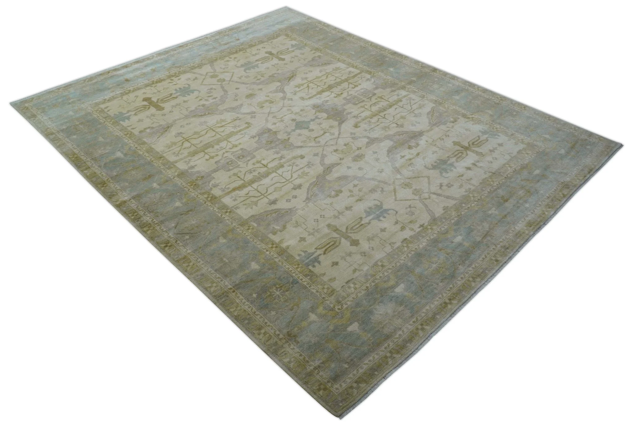Hand Knotted Beige And Blue Traditional Oushak Design 12x15 Wool Rug - Image 3