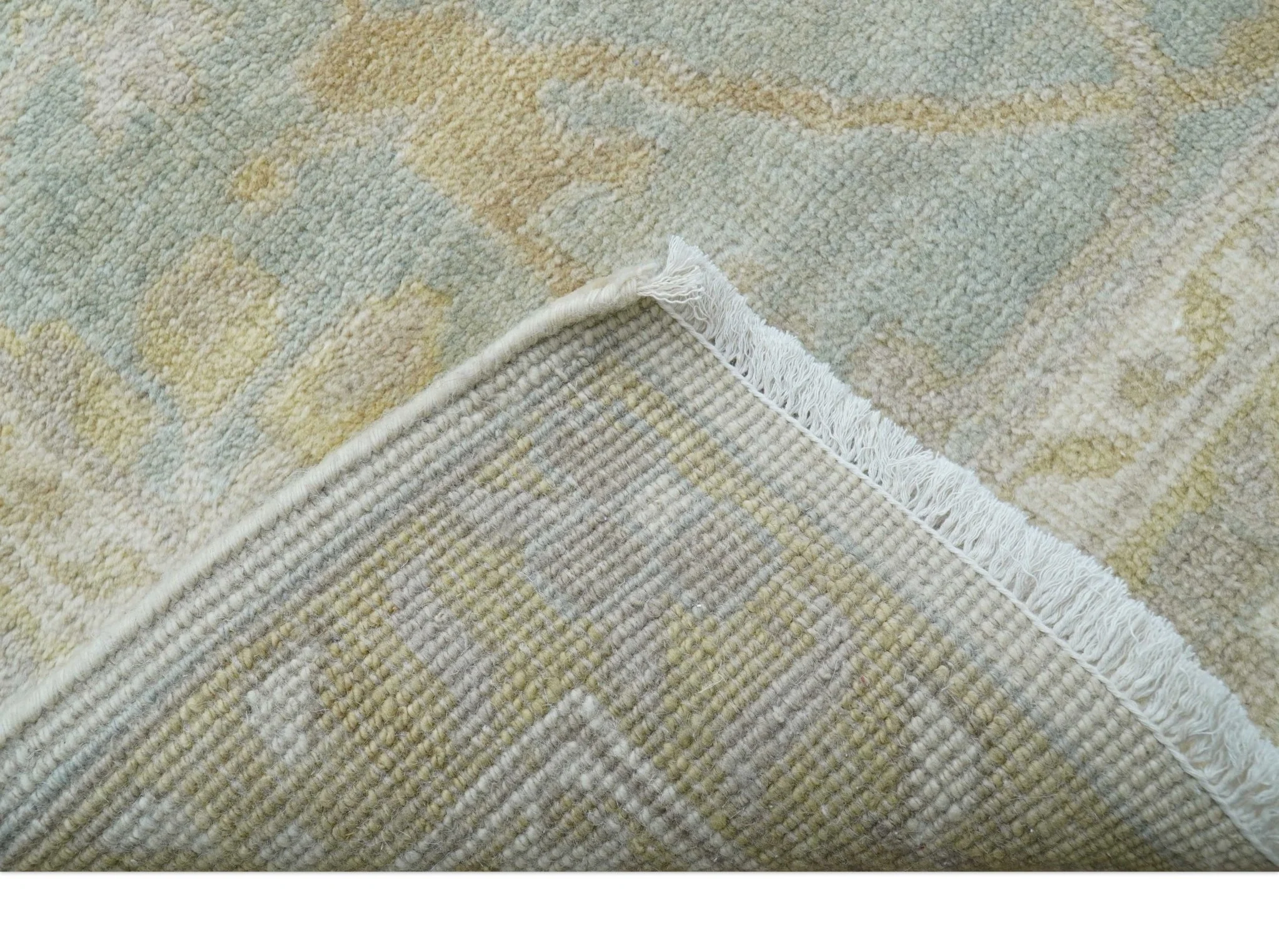 Hand Knotted Beige And Blue Traditional Oushak Design 12x15 Wool Rug - Image 4