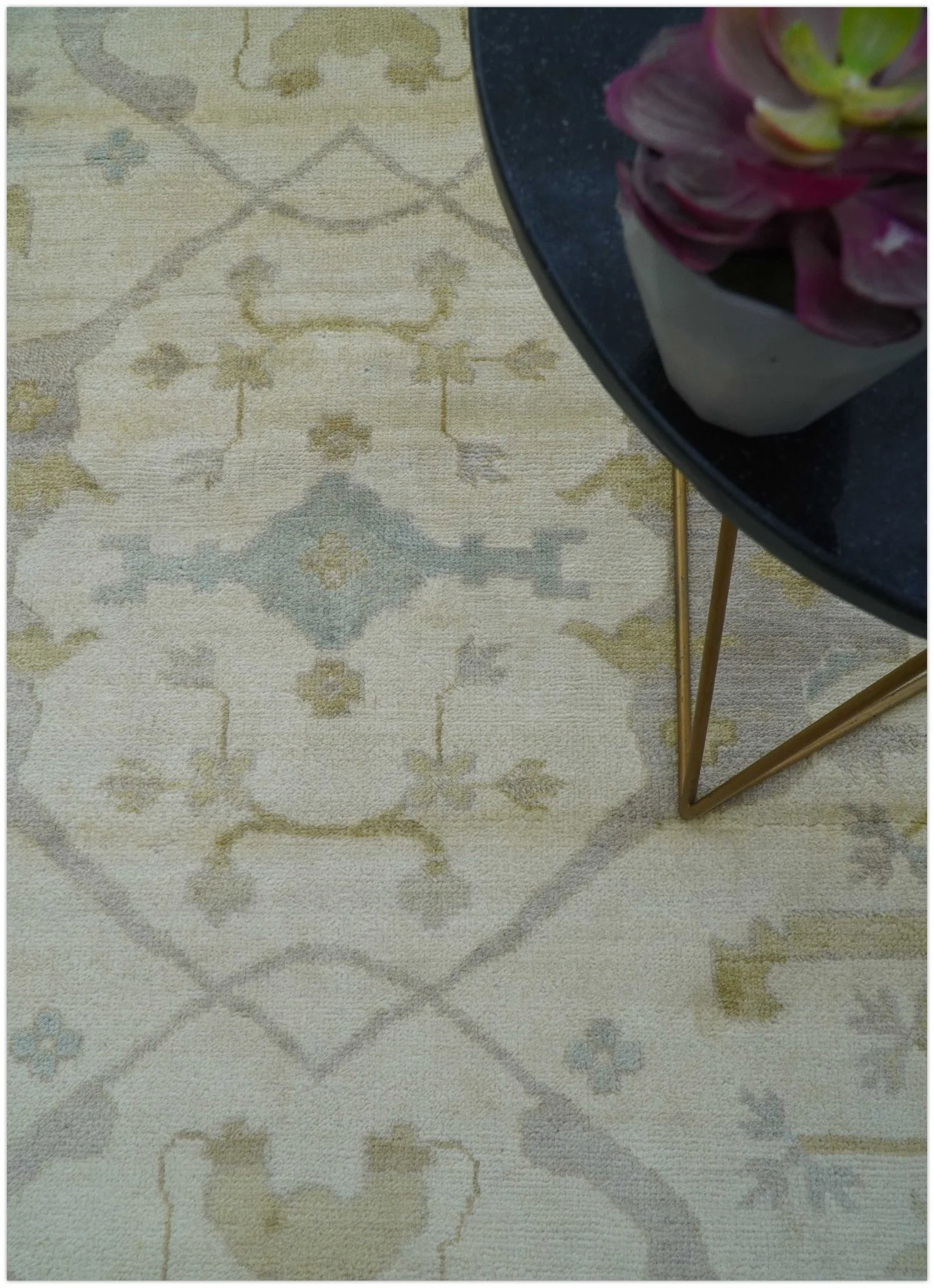 Hand Knotted Beige And Blue Traditional Oushak Design 12x15 Wool Rug - Image 9