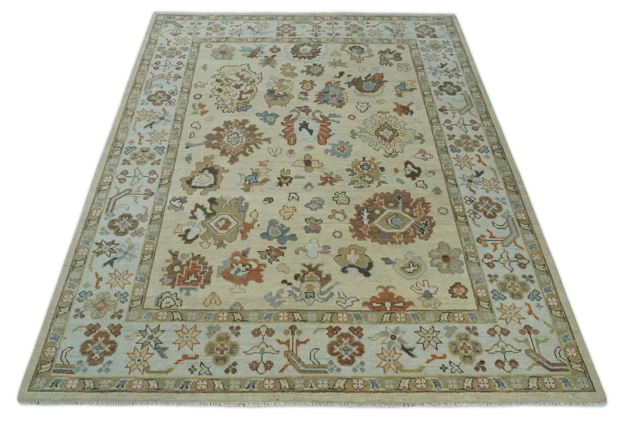 Hand Knotted Beige and Ivory Multi Size Traditional Oushak Wool Area Rug - Image 10