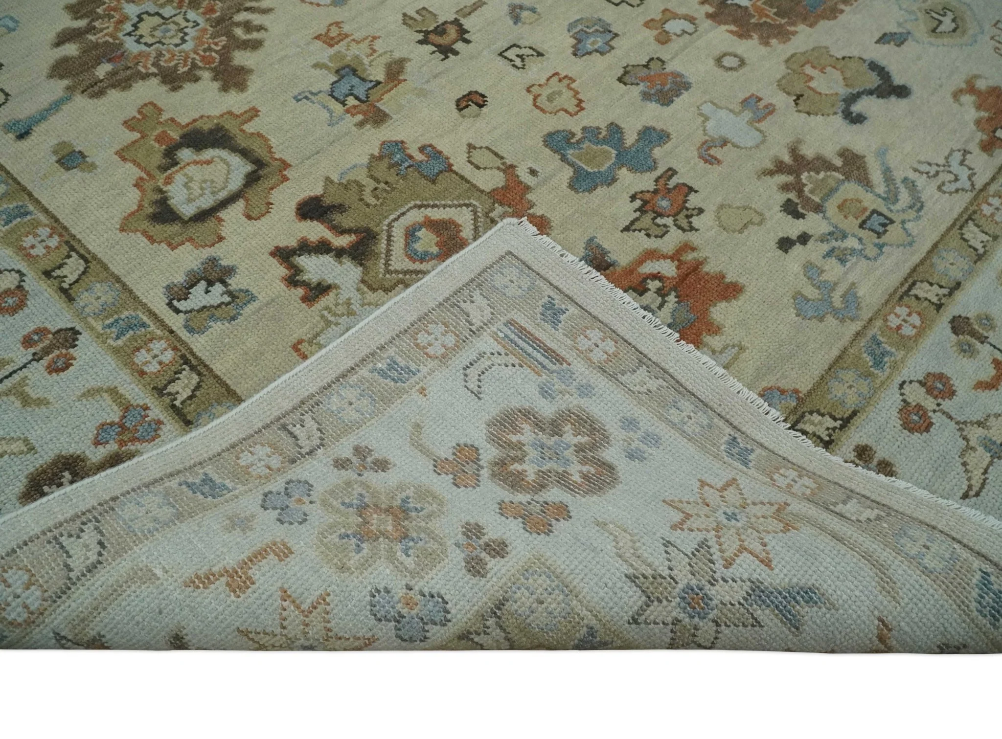 Hand Knotted Beige and Ivory Multi Size Traditional Oushak Wool Area Rug - Image 7