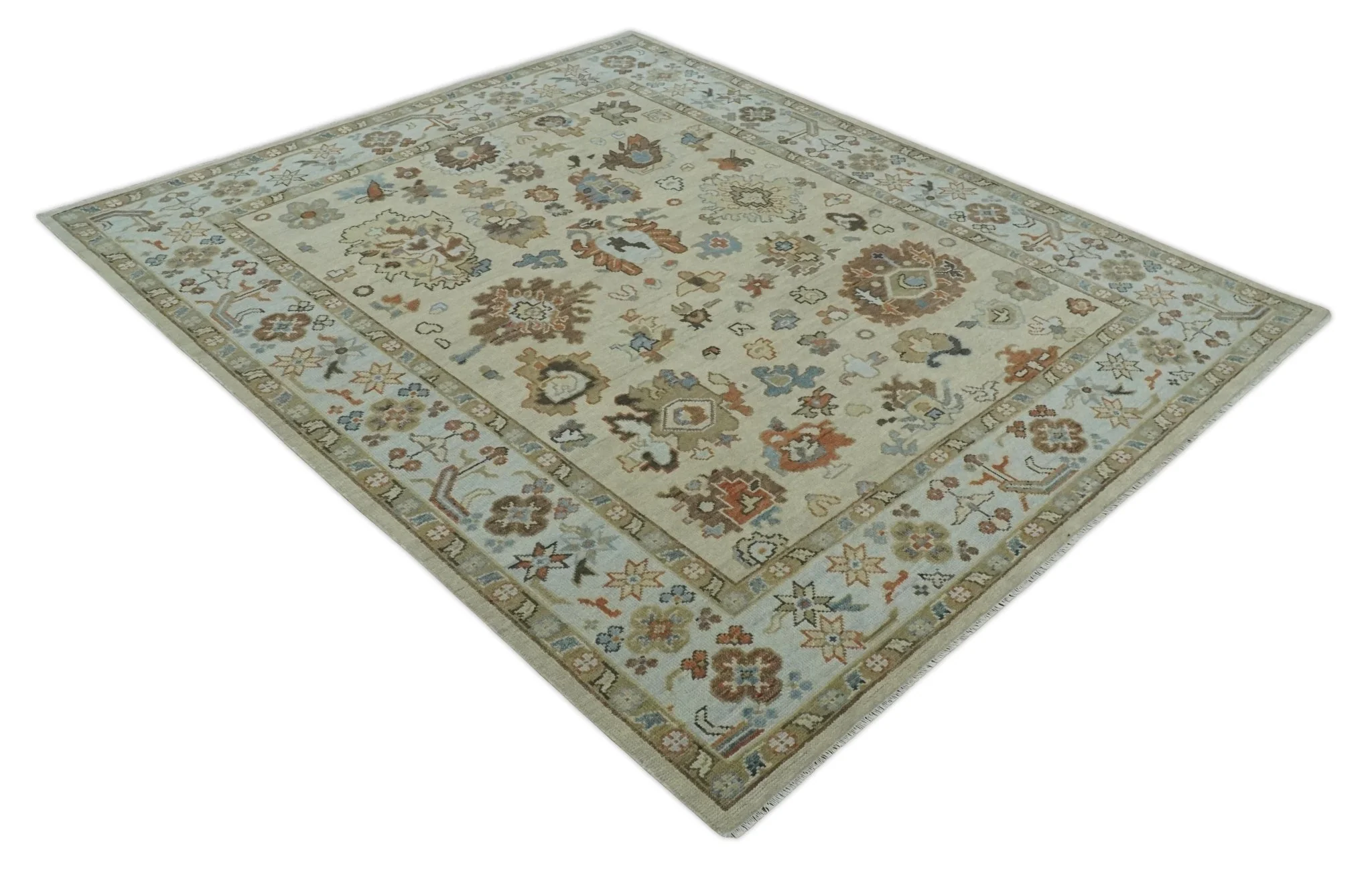 Hand Knotted Beige and Ivory Multi Size Traditional Oushak Wool Area Rug - Image 9