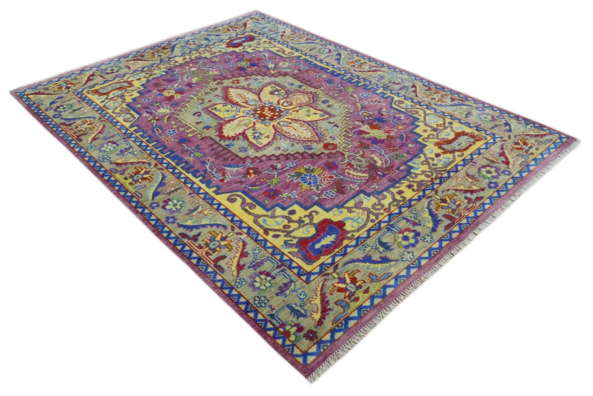Custom Made Light Green and Purple Medallion Traditional Hand Knotted Wool Area Rug - Image 10