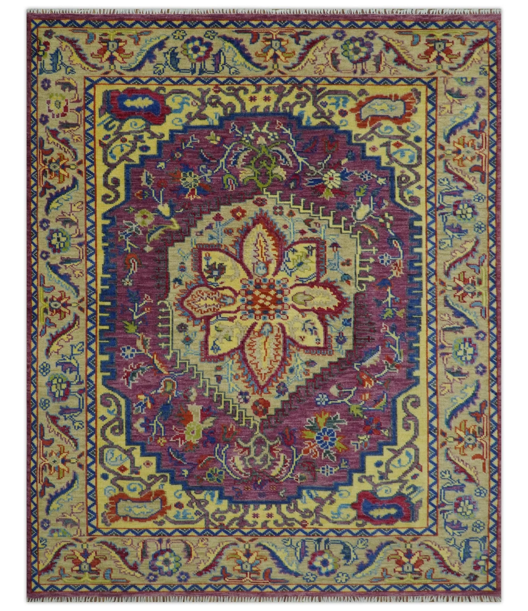 Custom Made Light Green and Purple Medallion Traditional Hand Knotted Wool Area Rug - Image 11