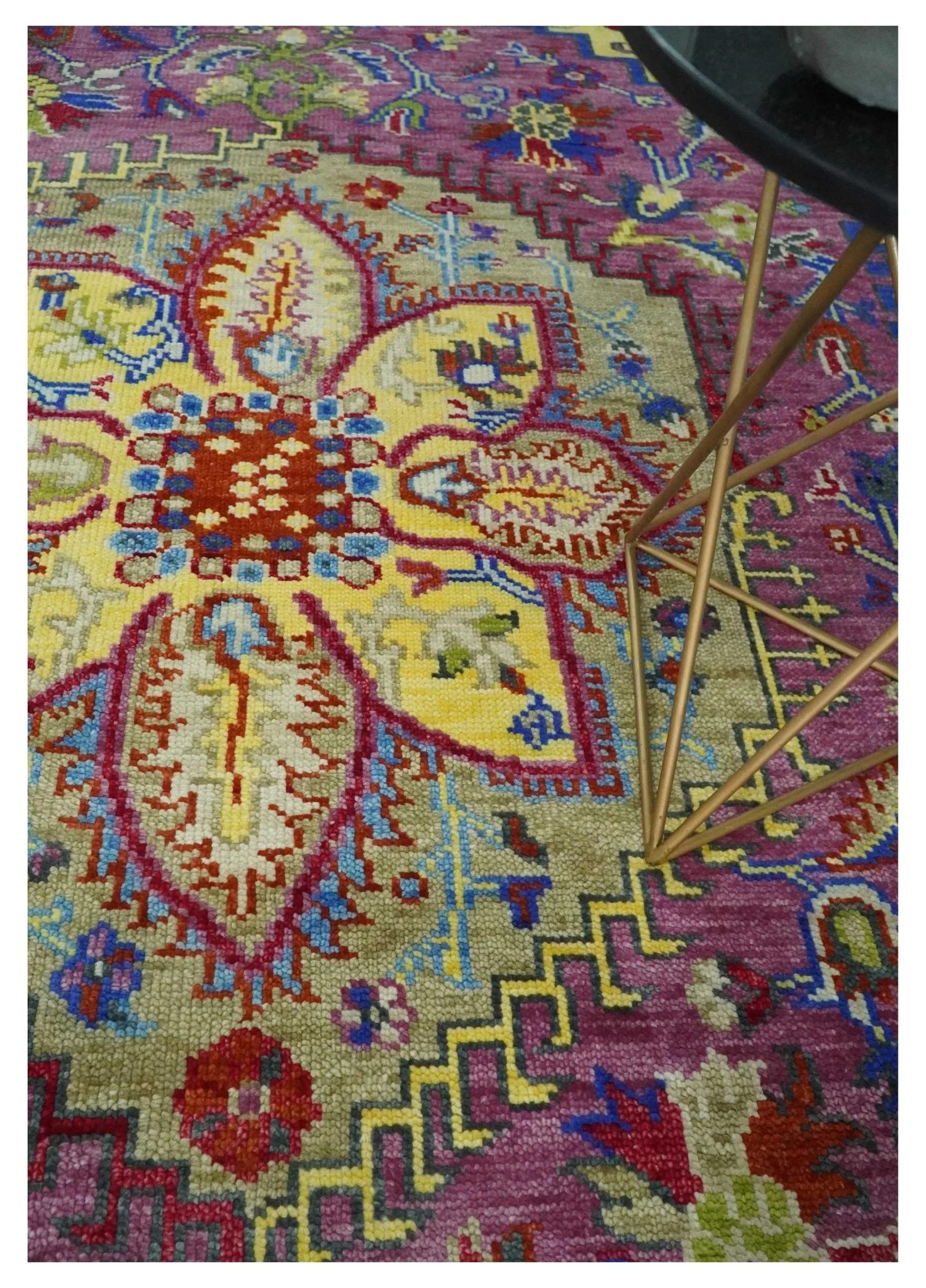 Custom Made Light Green and Purple Medallion Traditional Hand Knotted Wool Area Rug - Image 2