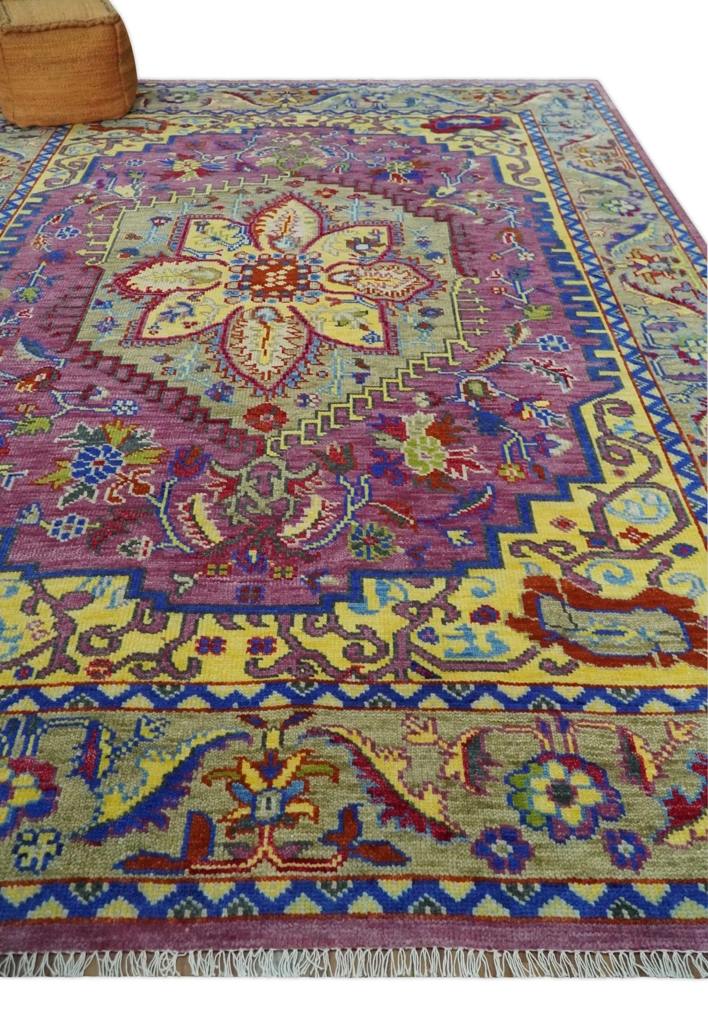 Custom Made Light Green and Purple Medallion Traditional Hand Knotted Wool Area Rug - Image 3