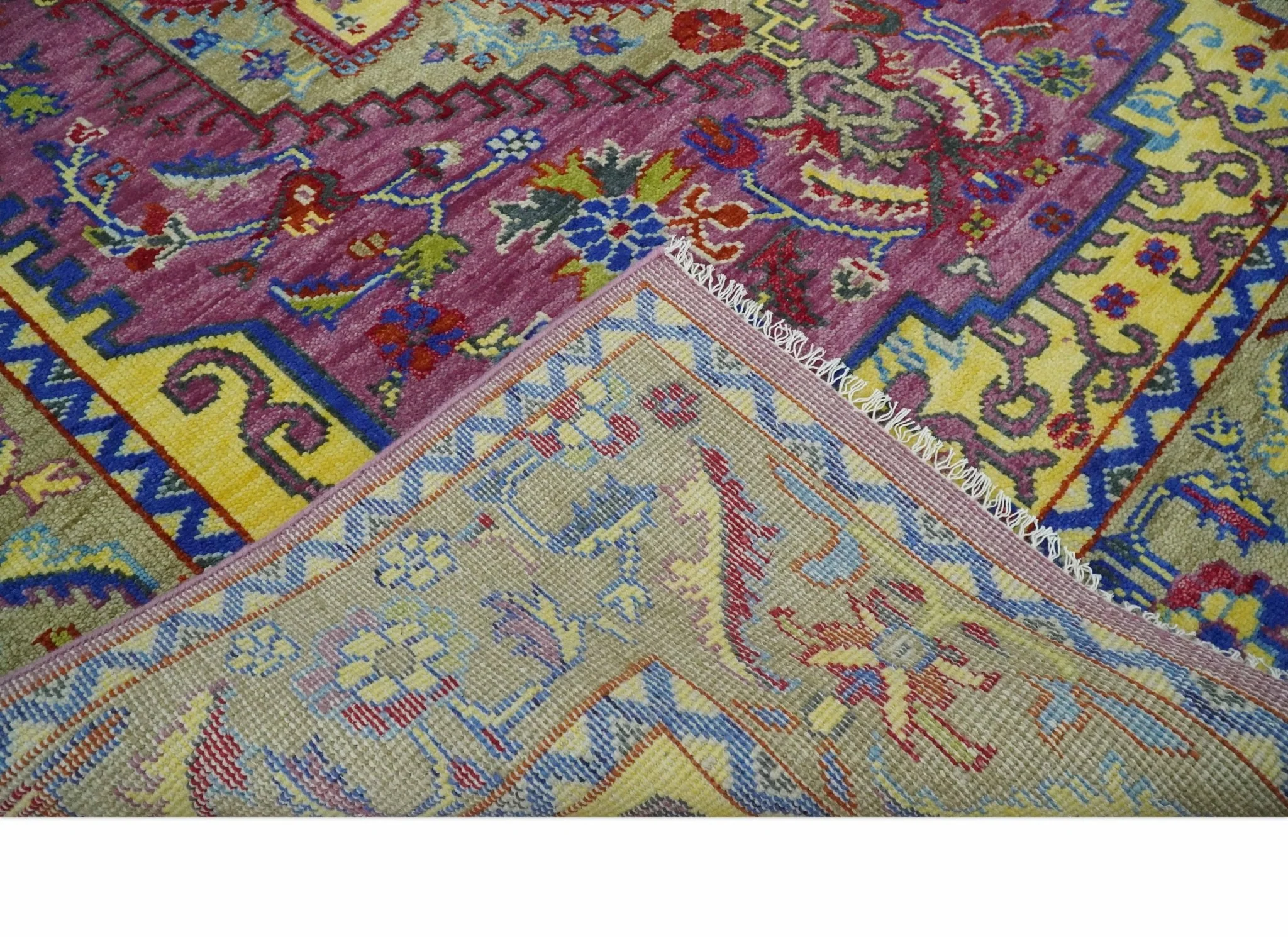 Custom Made Light Green and Purple Medallion Traditional Hand Knotted Wool Area Rug - Image 6