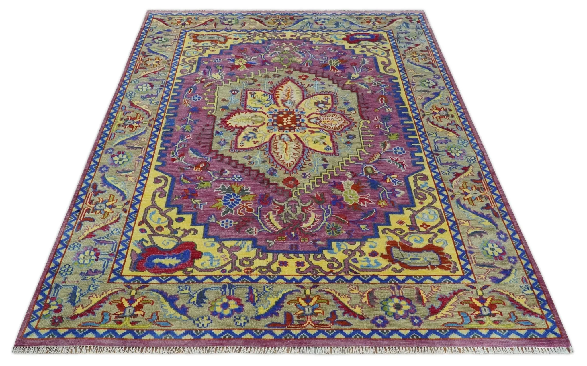 Hand Knotted Beige, Gold and Purple Traditional 9x12 Wool Area Rug - Image 9