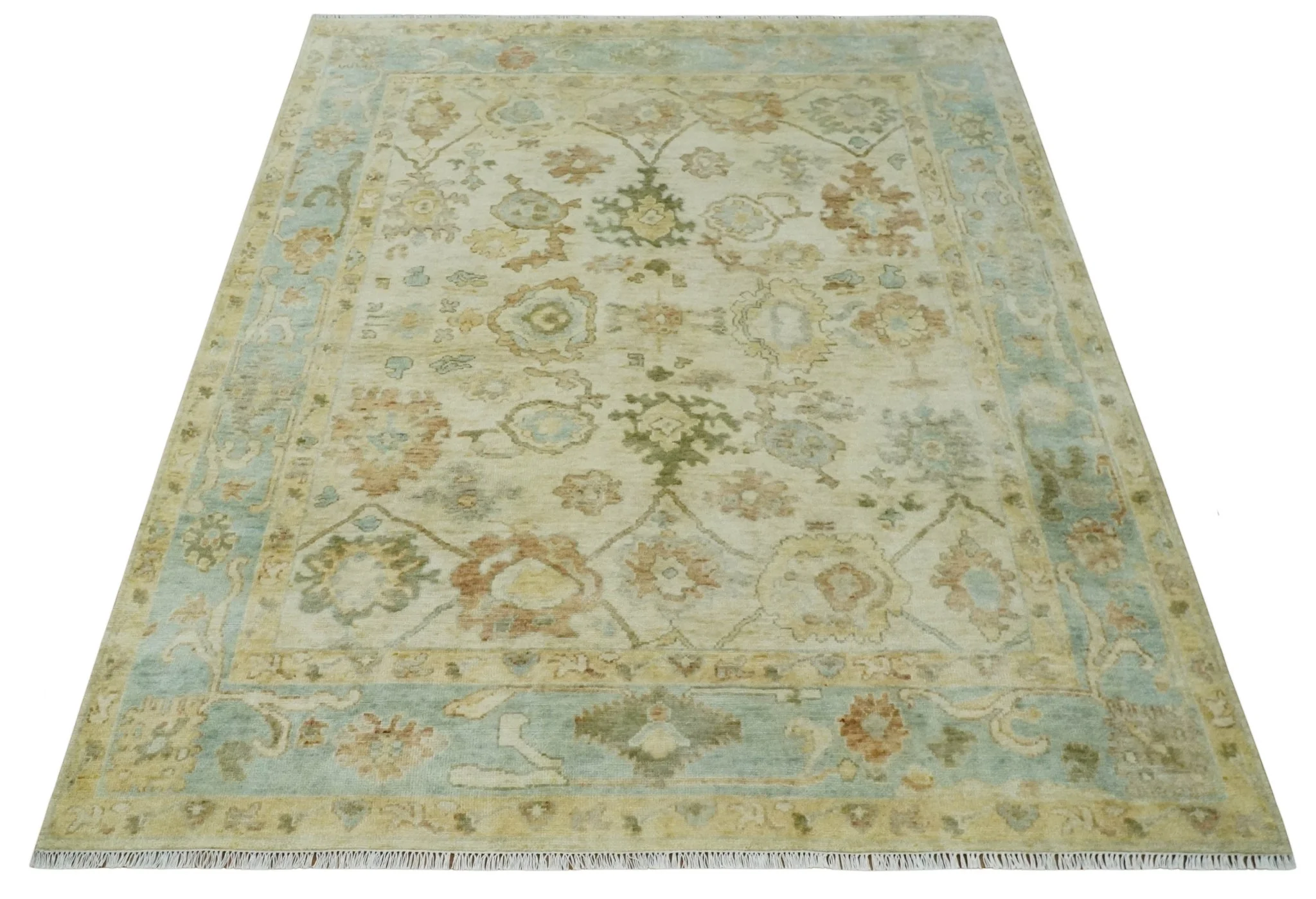 Custom Made Antique Finish Hand Knotted Beige and Silver Multi Size Oushak Wool Area Rug - Image 10