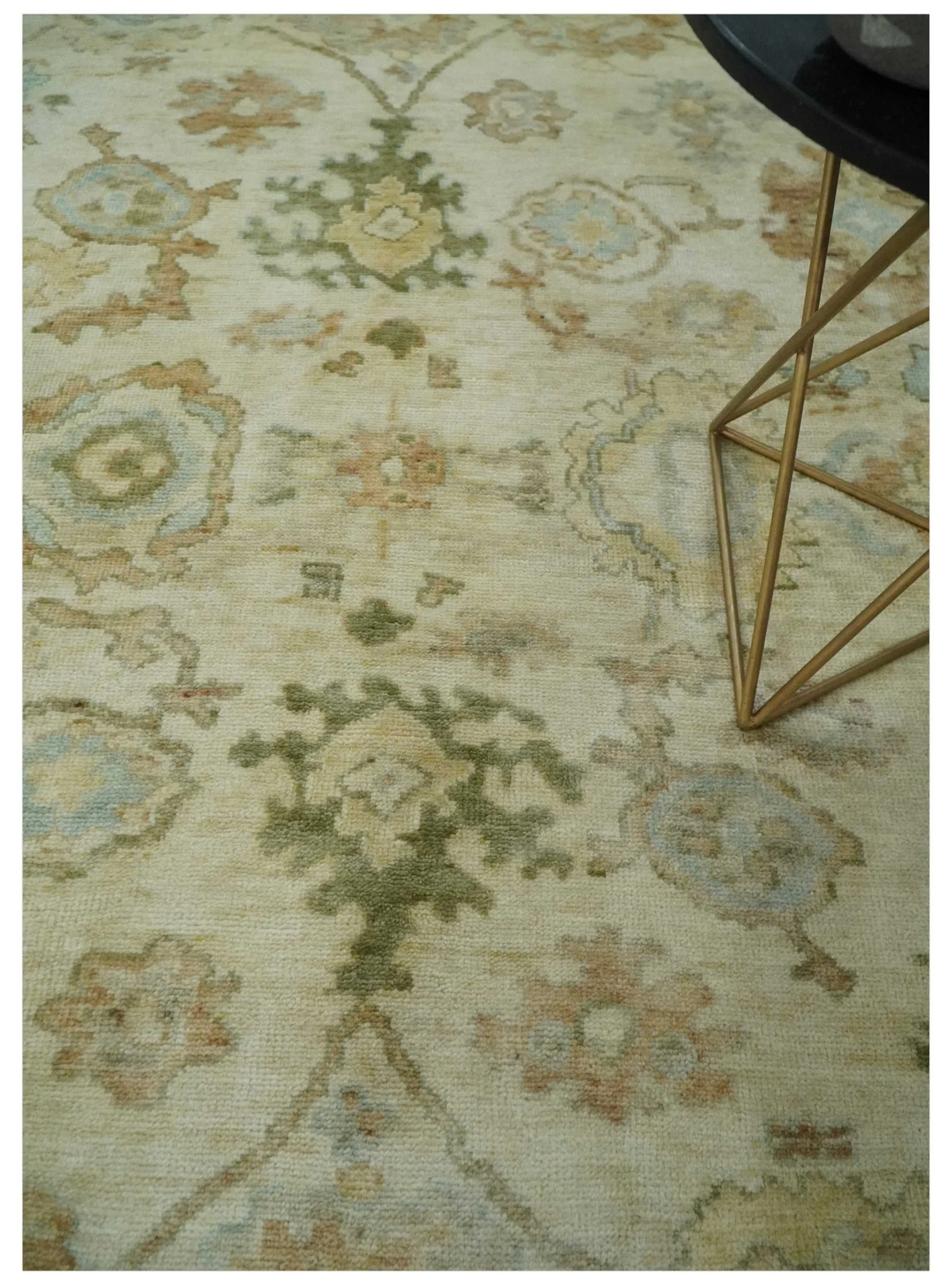 Custom Made Antique Finish Hand Knotted Beige and Silver Multi Size Oushak Wool Area Rug - Image 2