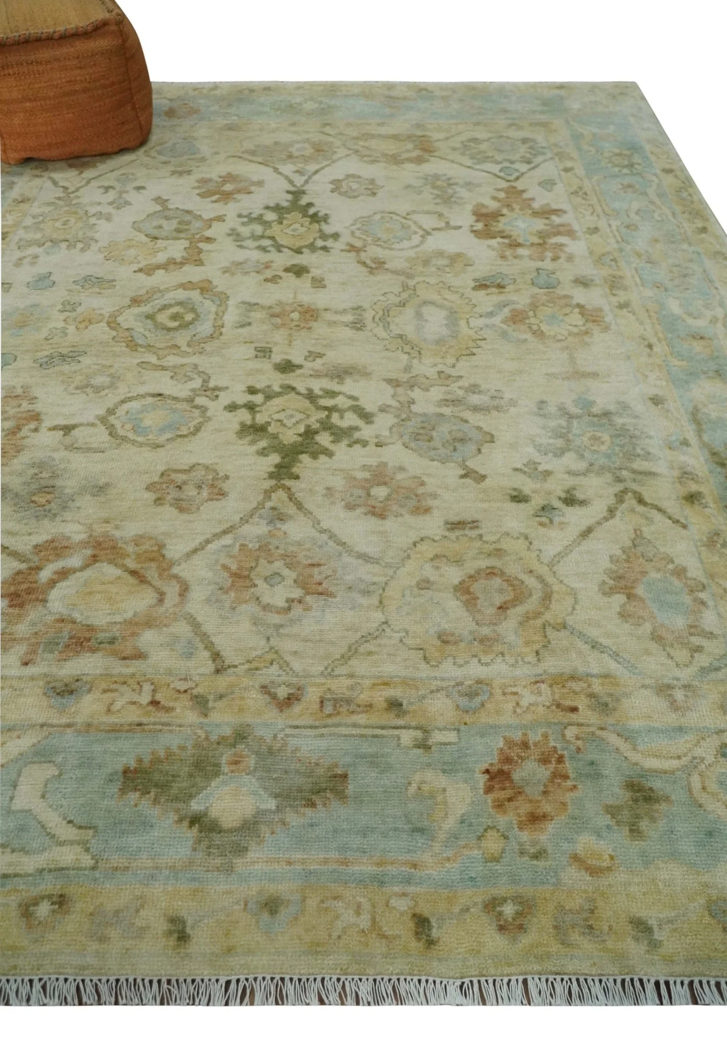 Custom Made Antique Finish Hand Knotted Beige and Silver Multi Size Oushak Wool Area Rug - Image 3