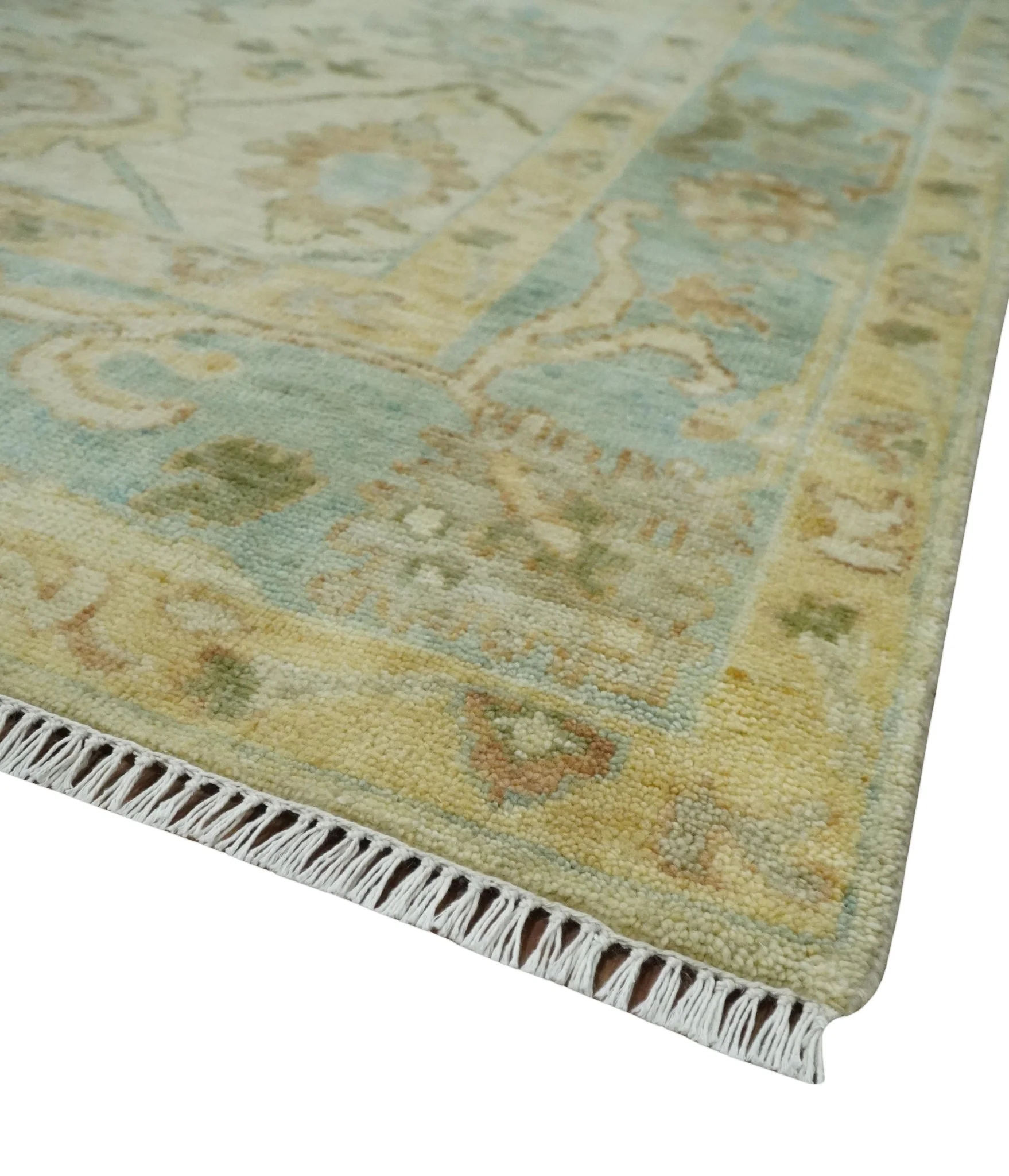 Custom Made Antique Finish Hand Knotted Beige and Silver Multi Size Oushak Wool Area Rug - Image 5