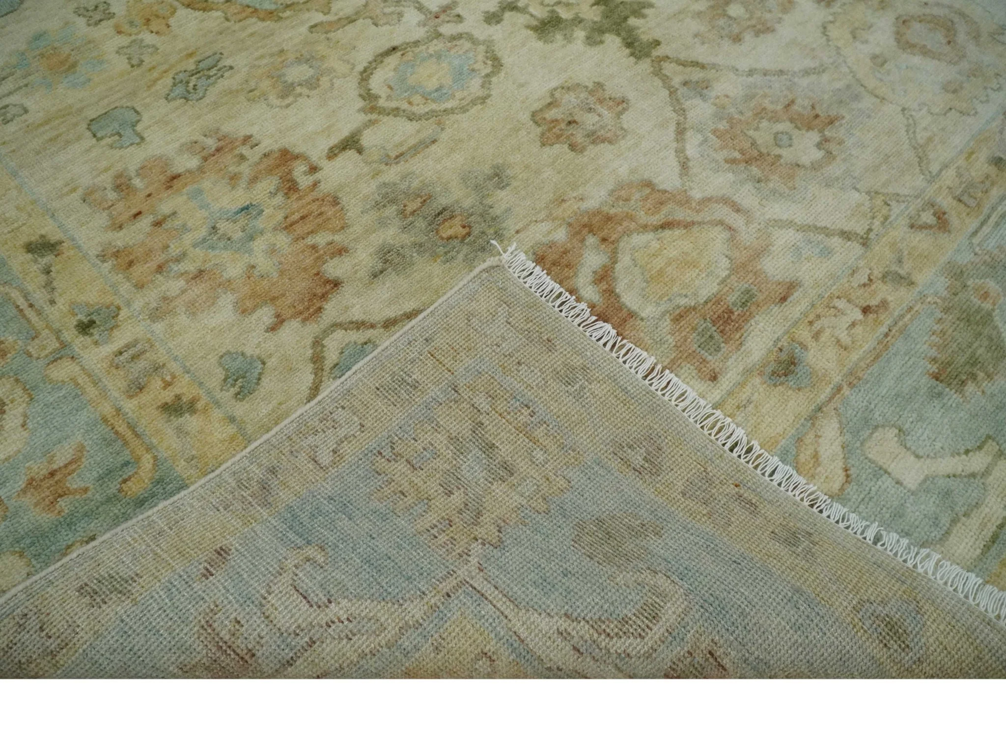 Custom Made Antique Finish Hand Knotted Beige and Silver Multi Size Oushak Wool Area Rug - Image 7