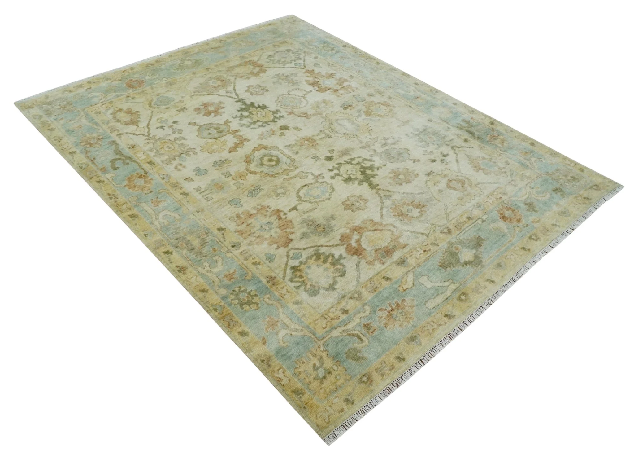 Custom Made Antique Finish Hand Knotted Beige and Silver Multi Size Oushak Wool Area Rug - Image 9
