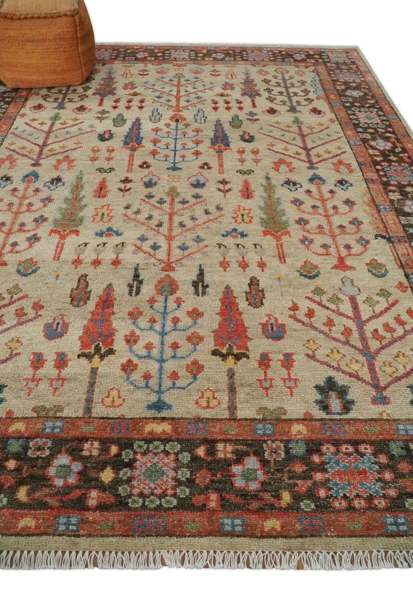Tree of Life Hand Knotted 8x10 Beige, Brown and Rust Traditional Oushak Wool Rug - Image 3