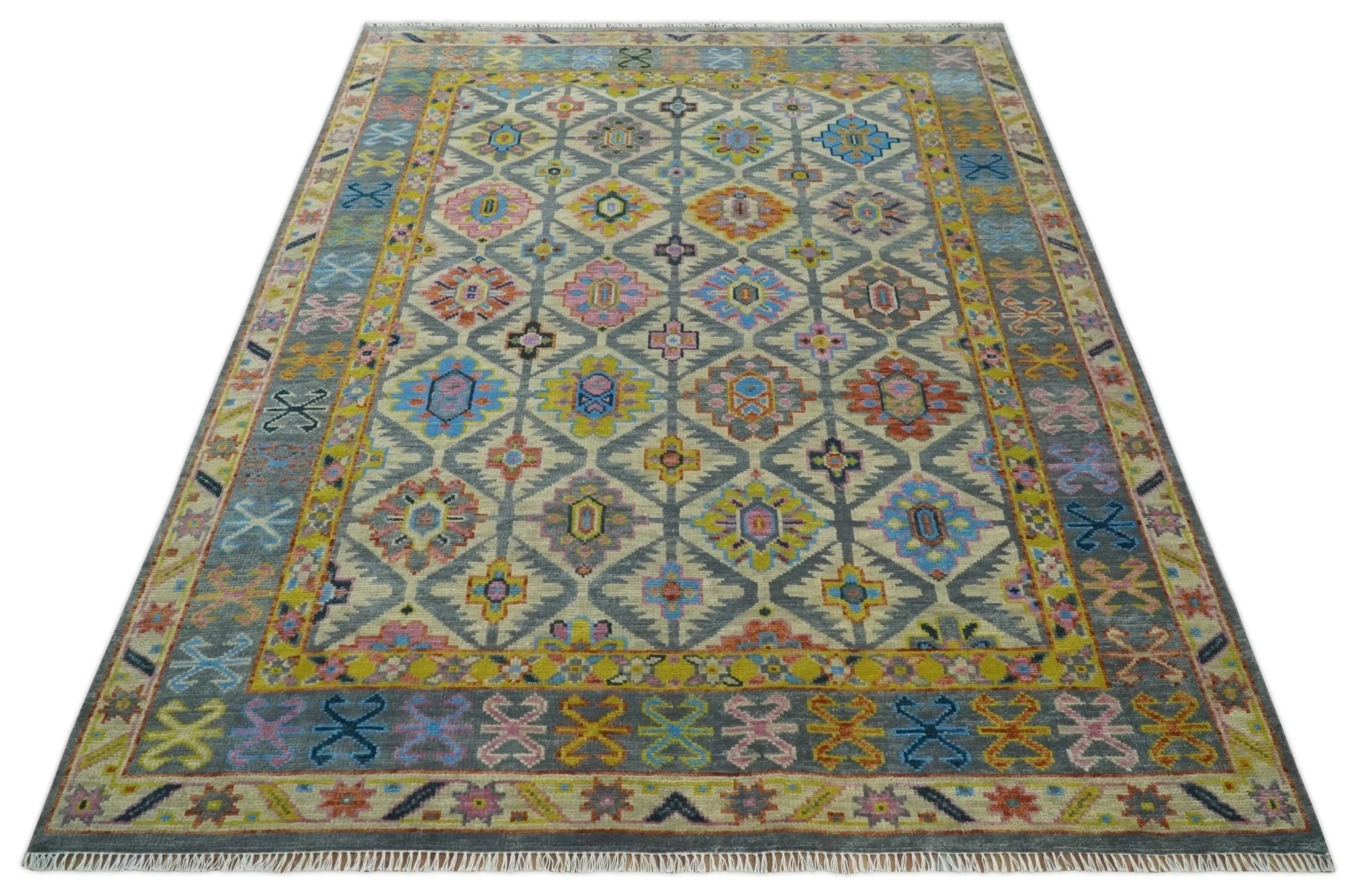 Custom Made Hand Knotted Beige, Gray and Mustard Oriental Multi Size Wool Area Rug - Image 10