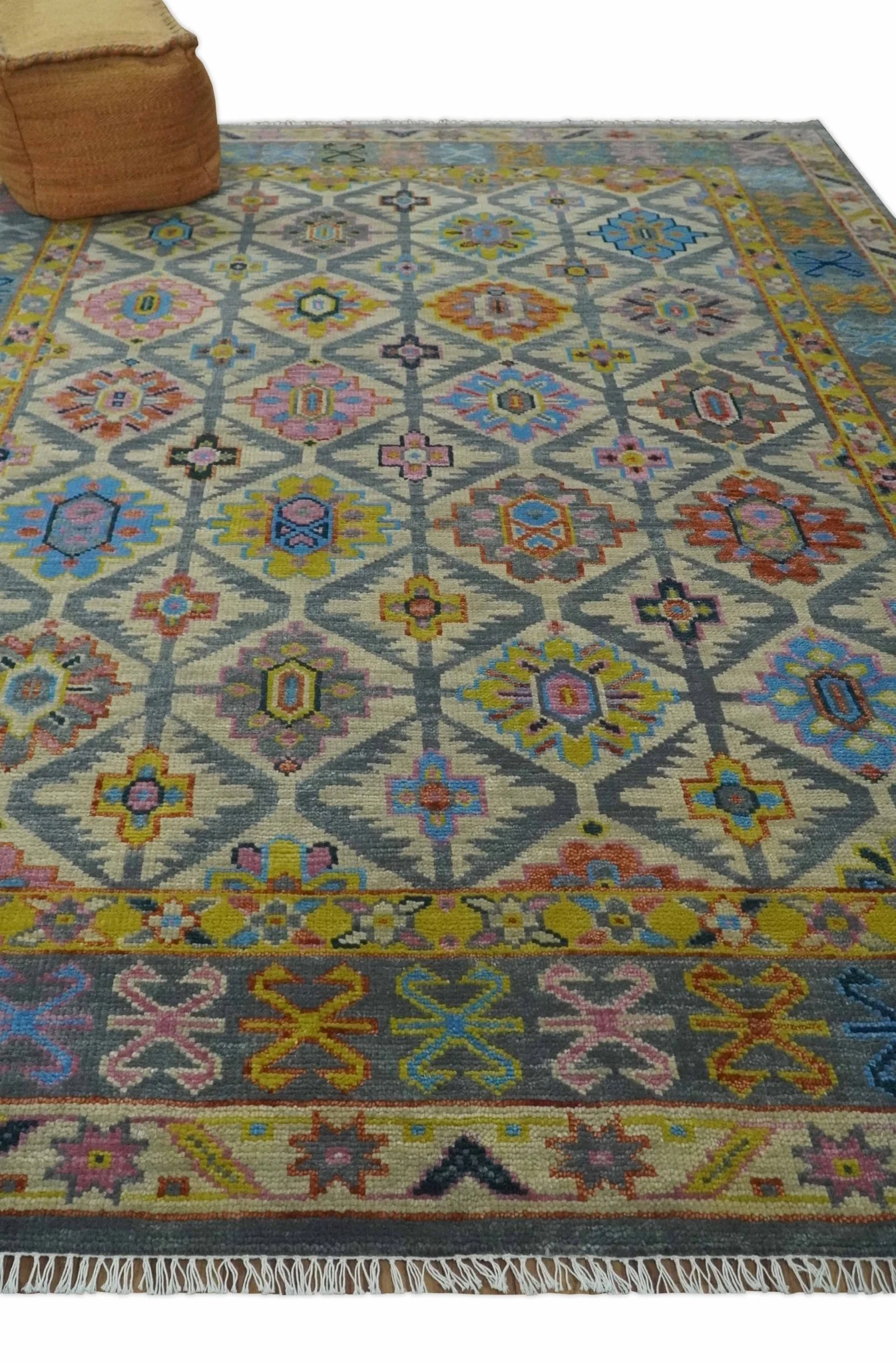 Custom Made Hand Knotted Beige, Gray and Mustard Oriental Multi Size Wool Area Rug - Image 3