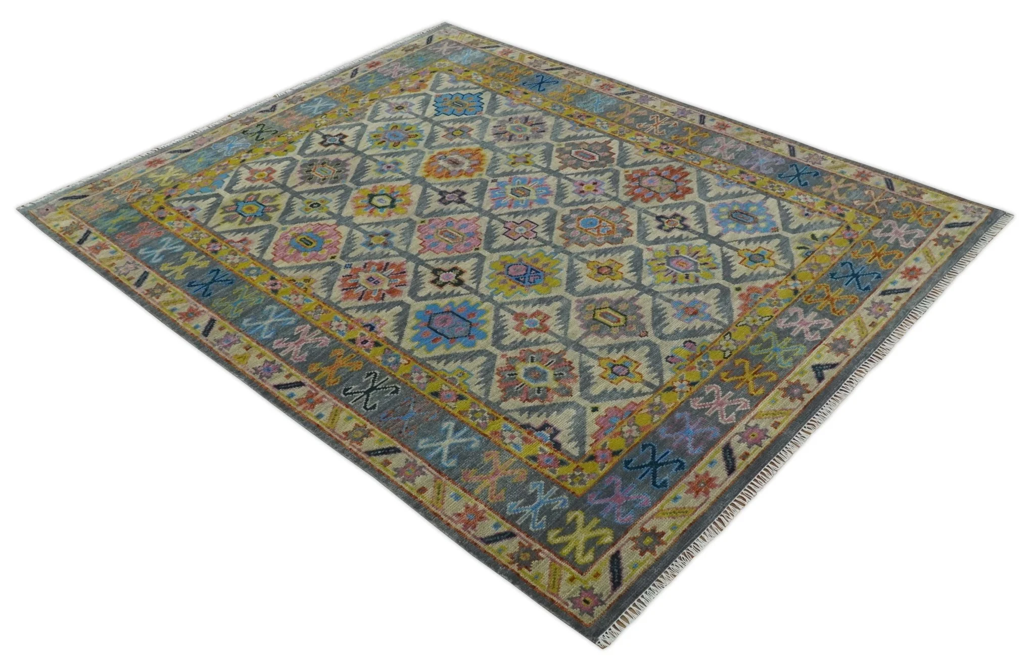 Custom Made Hand Knotted Beige, Gray and Mustard Oriental Multi Size Wool Area Rug - Image 9