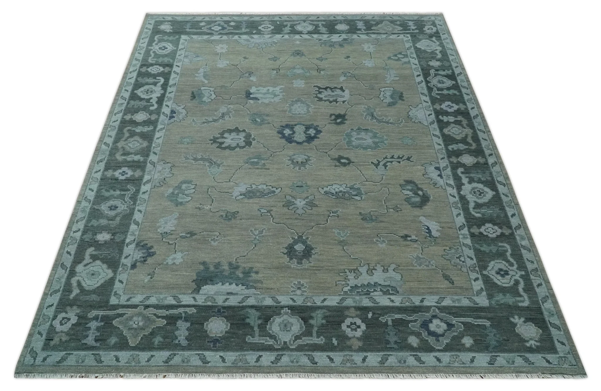 Antique Hand Knotted Beige, Charcoal and Silver Traditional Oushak wool Area Rug - Image 10