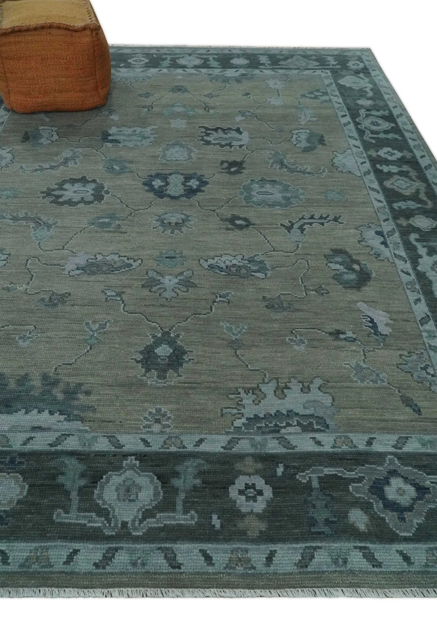 Antique Hand Knotted Beige, Charcoal and Silver Traditional Oushak wool Area Rug - Image 3
