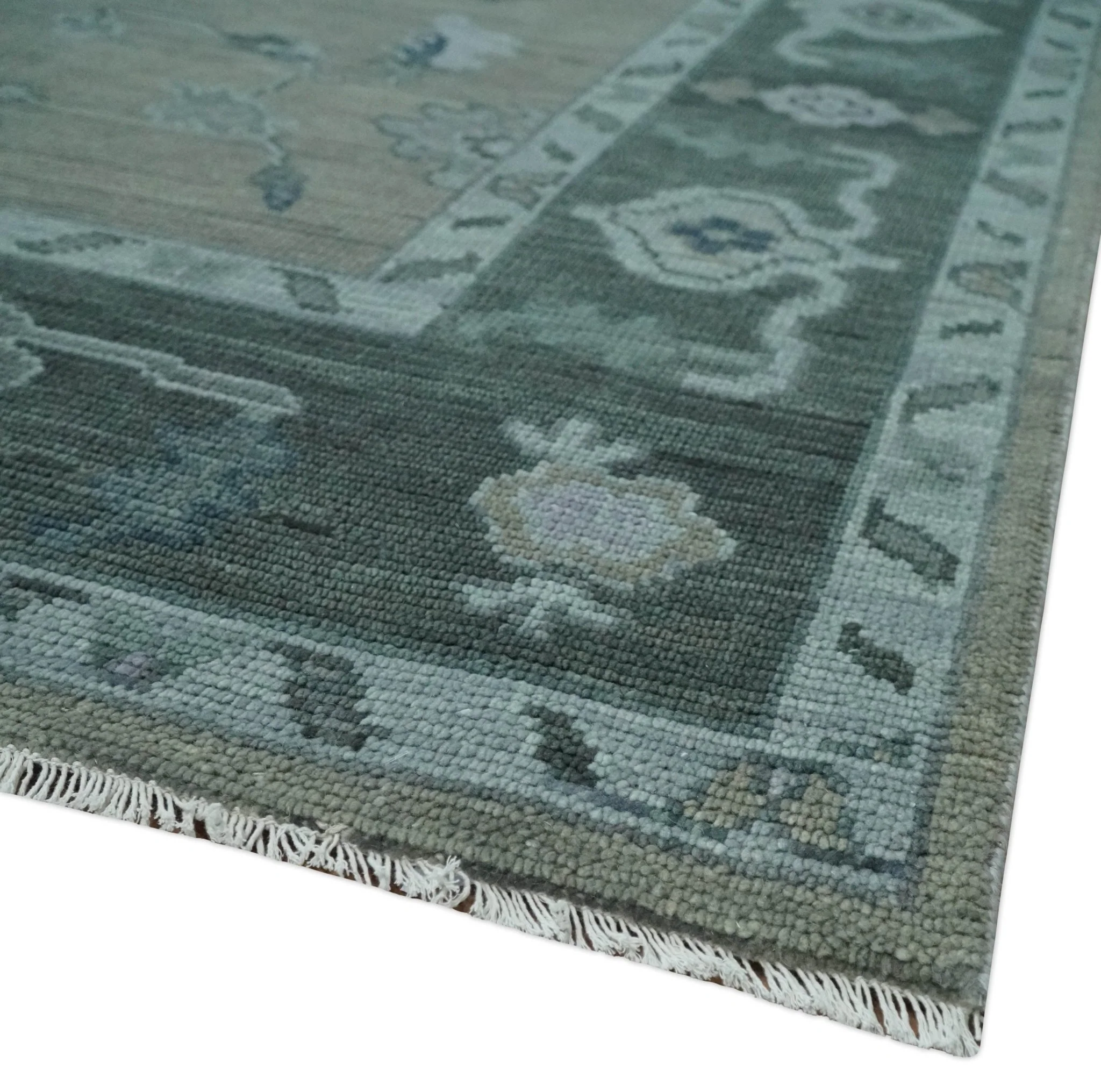 Antique Hand Knotted Beige, Charcoal and Silver Traditional Oushak wool Area Rug - Image 5