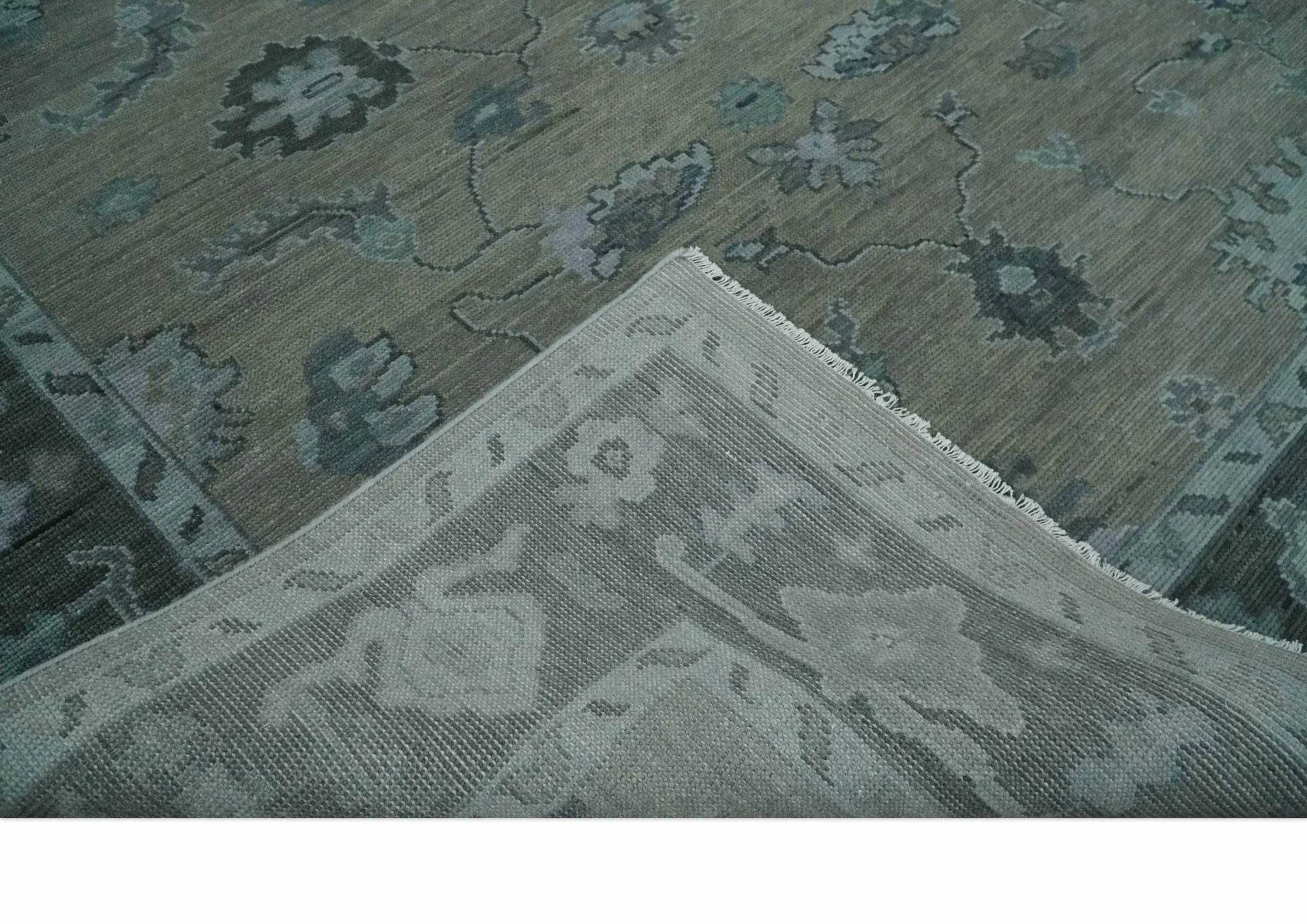 Antique Hand Knotted Beige, Charcoal and Silver Traditional Oushak wool Area Rug - Image 7