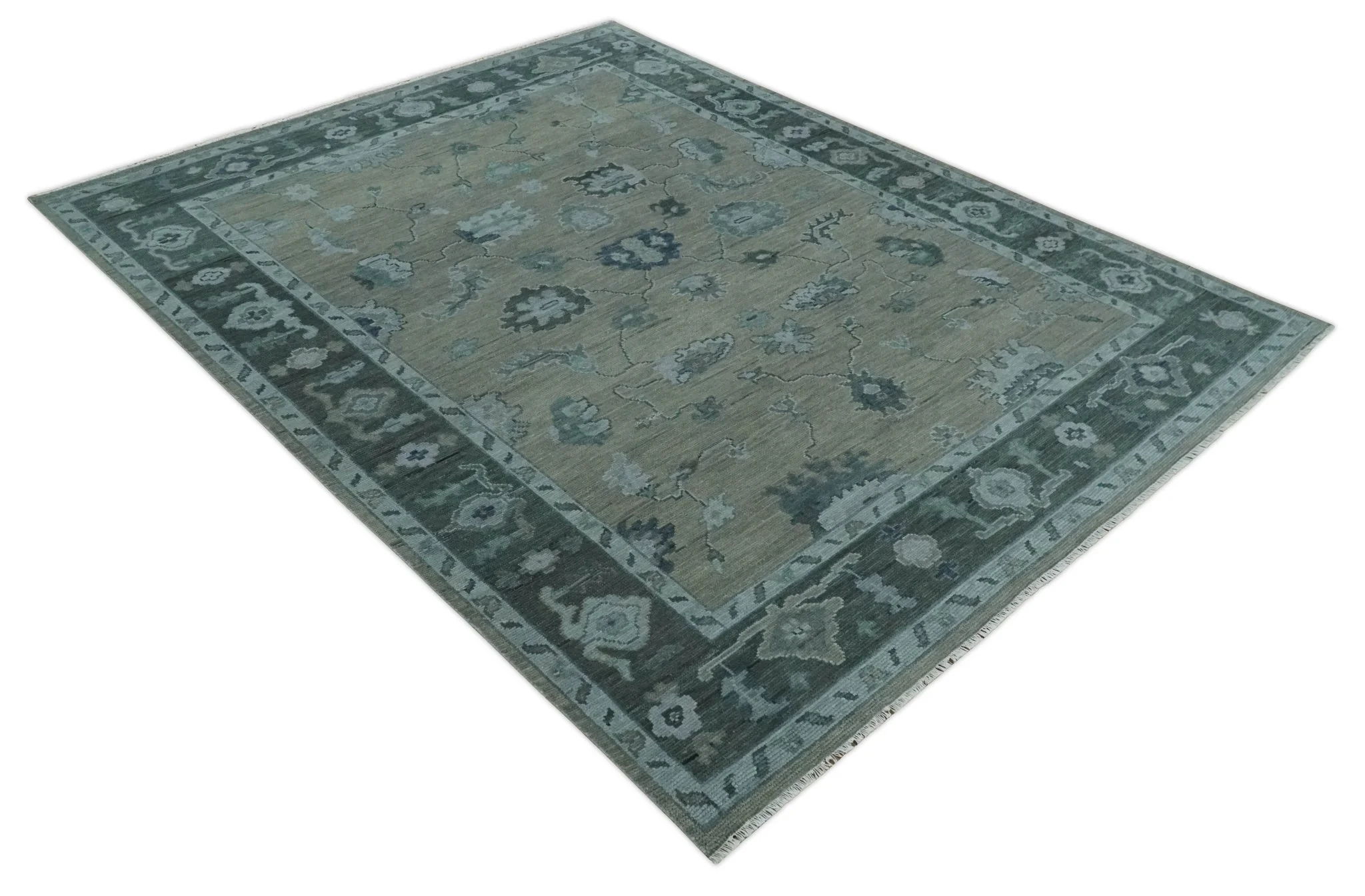 Antique Hand Knotted Beige, Charcoal and Silver Traditional Oushak wool Area Rug - Image 9